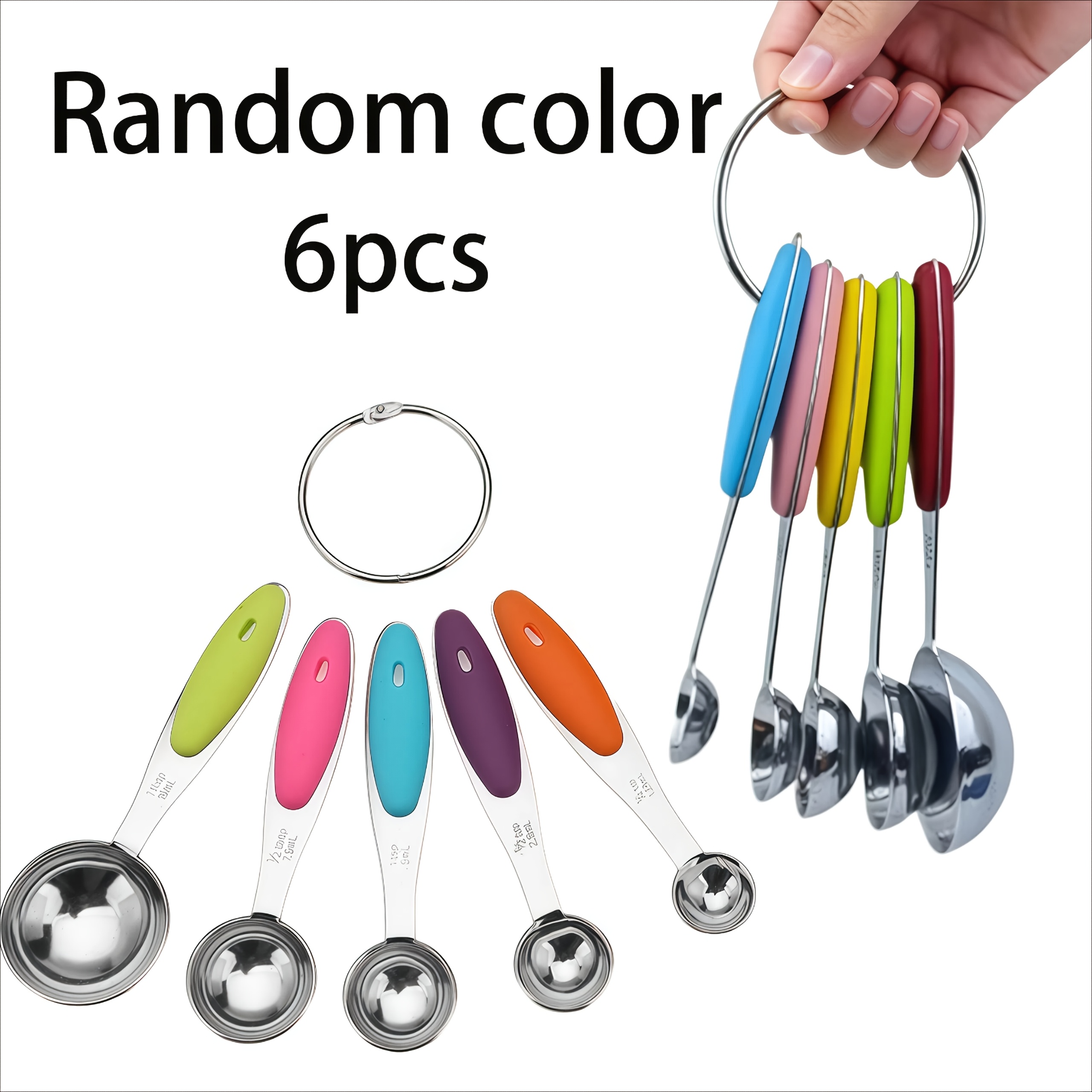 TEMU 6pcs Stainless Steel Measuring Spoon Set With Silicone Handles, For Home Cooks And Bakers, Accurate Durable, Random Color