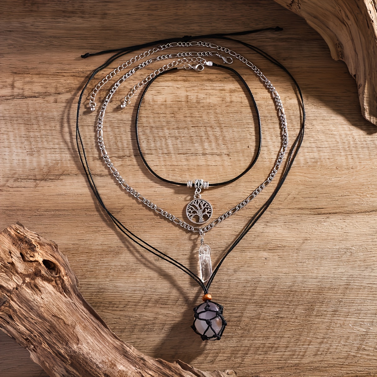 TEMU 3pcs Boho-chic Tree & Crystal Pendant Choker Necklace Set - Vintage Alloy, Ideal For & Day Gift, Versatile Jewelry|boho Chic Style|artificial Crystal Accent