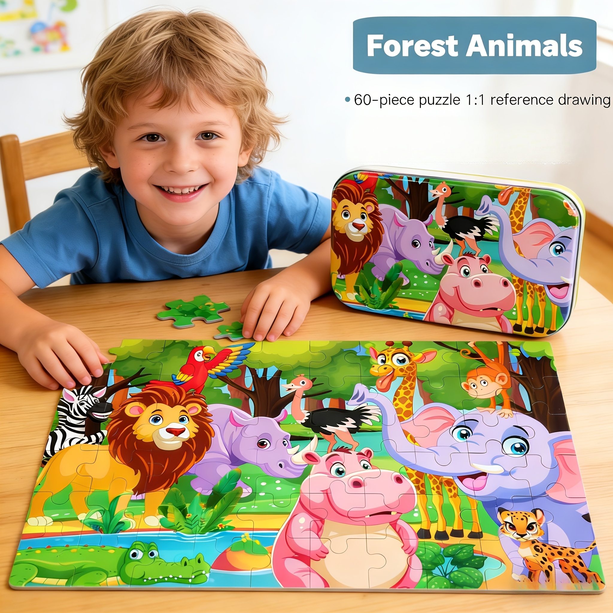 60pcs wooden puzzle for children featuring cartoon designs two different styles of puzzles one is     and   is a forest   its a fun and educational toy for parents and children to    