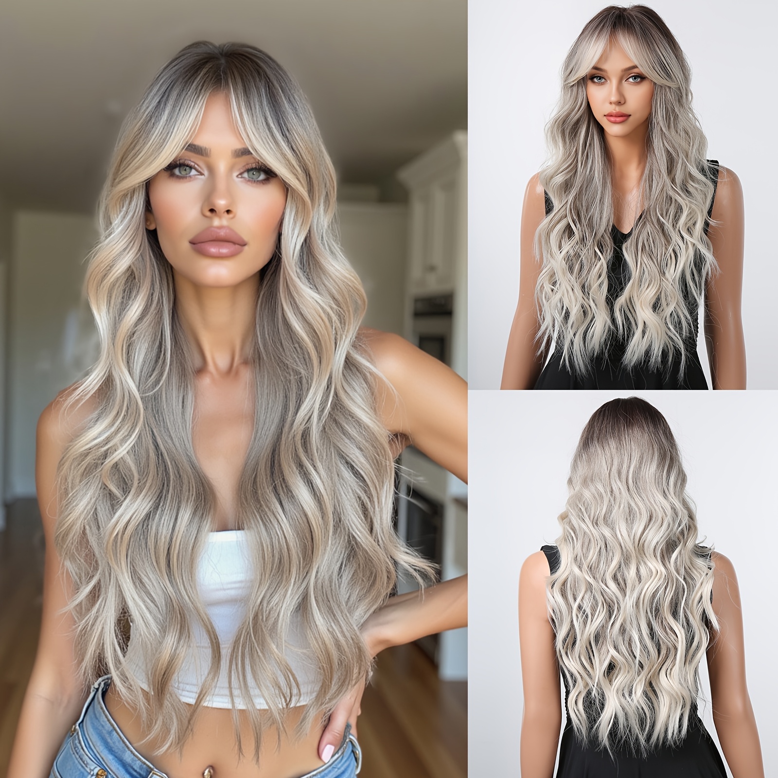 

Elegant 26" Gray Ombre Ivory Wig With Bangs And - Body Wave, High-density Synthetic Hair For Women | , Parties & Cosplay