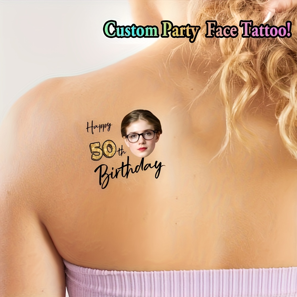 TEMU 16pcs Personalized Birthday Face Tattoo Stickers - Custom Elegant Cursive Text With Glitter, Washable Body Art, 50th Birthday Party Decoration,
