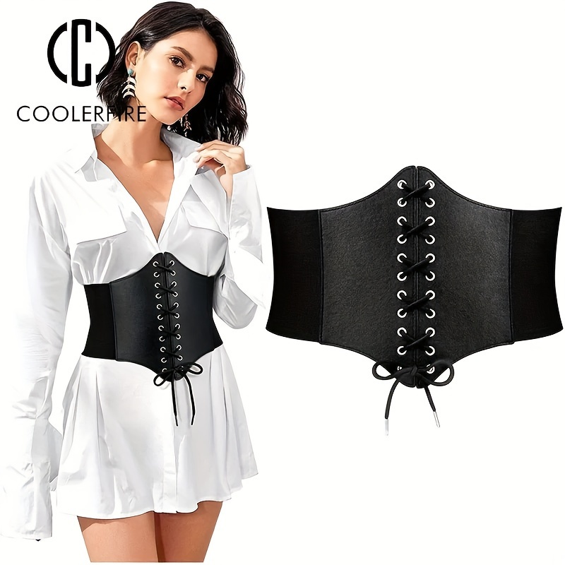 

Elegant Women' Pu Corset Belt - Vintage-inspired Waist Cincher With Lace-up Detail, Dresses & Casual Outfits