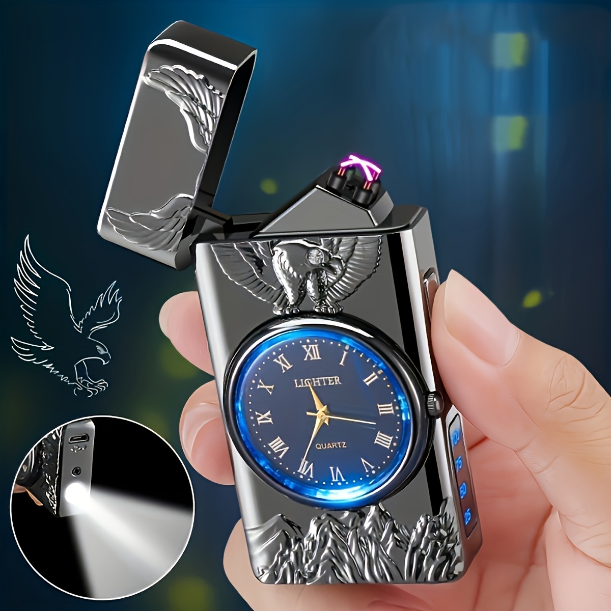 Dual Arc Plasma Lighter with LED Illuminated Dials - USB Rechargeable, 3D Eagle Relief Design, Zinc Alloy, Ideal for Outdoor Adventures & Emergency Fire Starting, Outdoor Gear | Modern Lighter | Durable Lighter