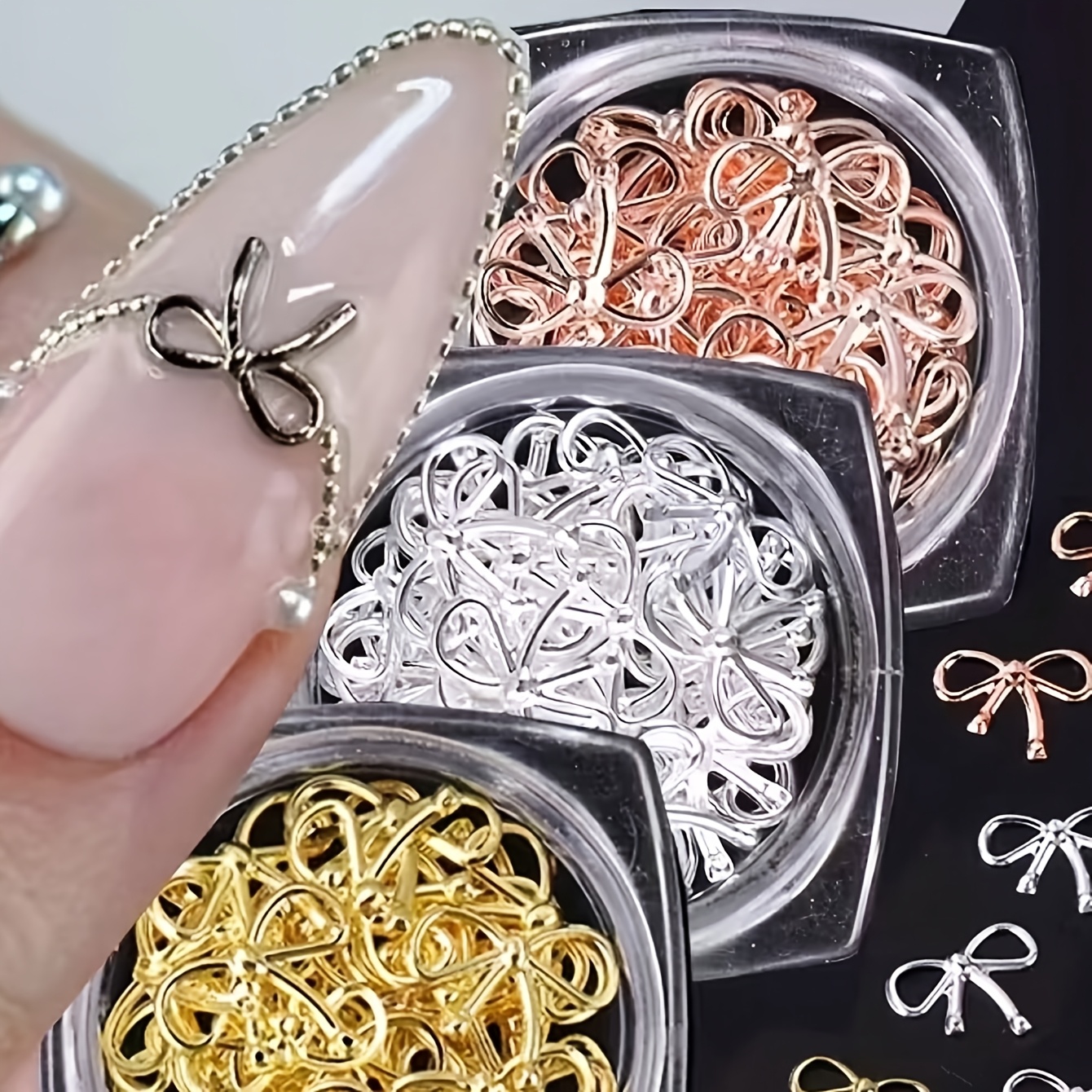 Metal Willow Nail Art Decorations, Rose Gold & Silver Bow Designs