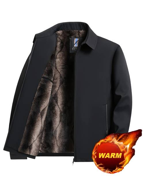 New Winter Thick Fleece-Lined Turn- Collar Executive Jacket for Men, Outdoor Cold Weather Warm Coat