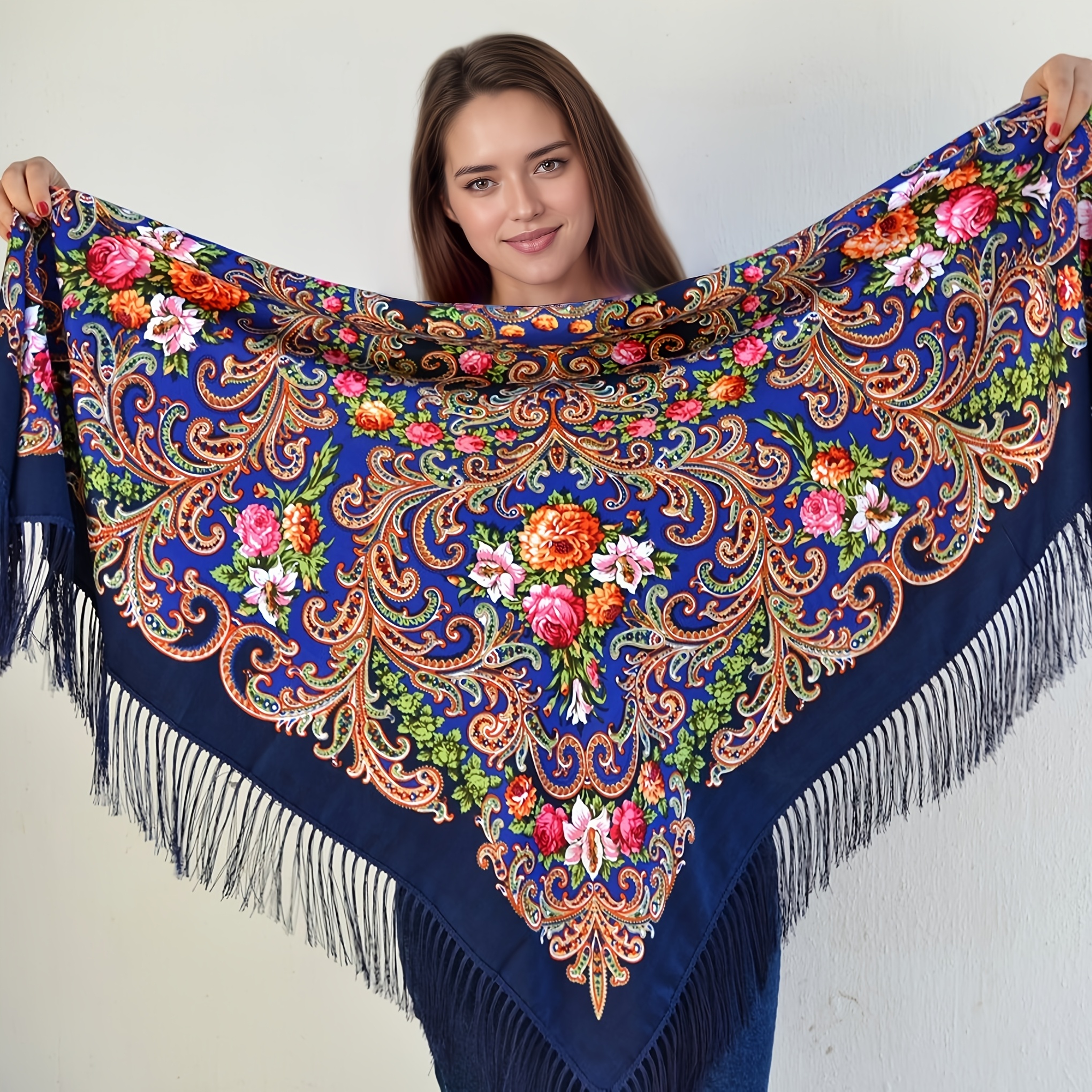 TEMU A Women's New Printed Rose Floral Tassel Square Scarf, A Vintage And Elegant Versatile Shawl For Casual Wear, A Stylish Accessory For , And A