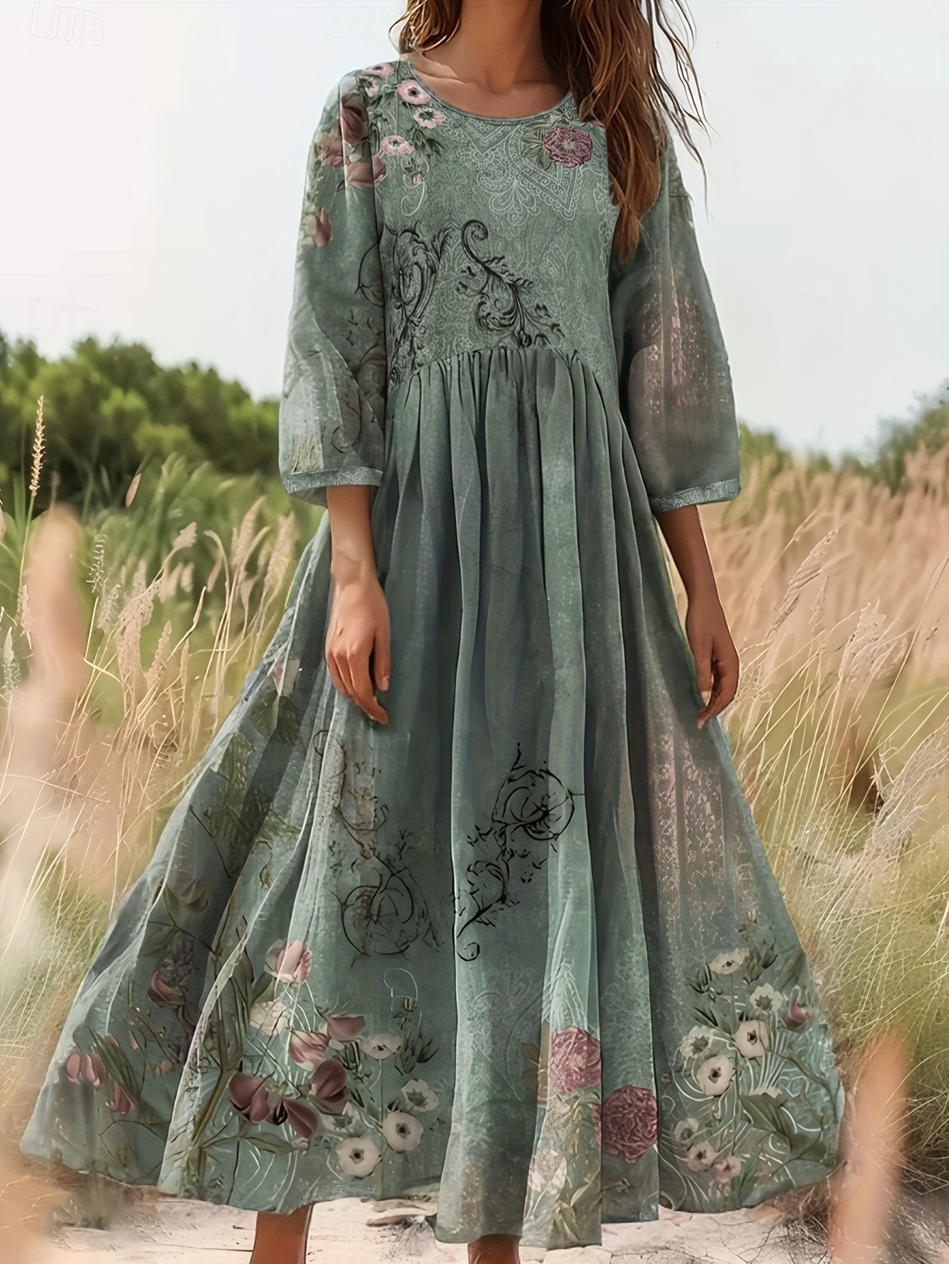 chinese dress ladies Womens Plus Size Midi Boho Solid Dress 3/4 Sleeve Crew Neck Beach Dress  Flowy Swing Summer Dresses Up to 5XL (Blue, M) at Amazon Women's Clothing  store main image 0