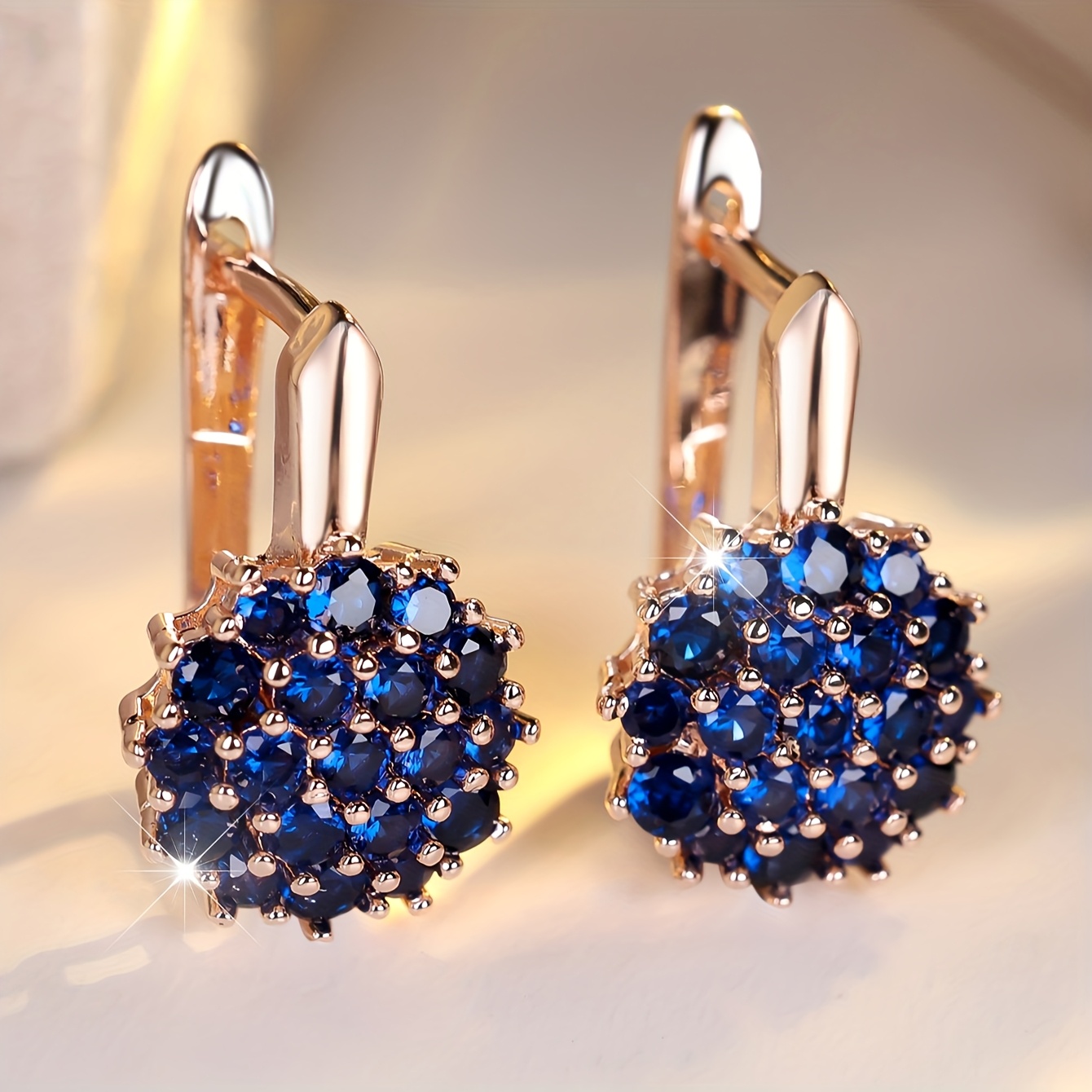 Image of 1 Pair Classic Sunflower Women's Round Synthetic Zirconia Earrings, Blue Sunflower, Rose Gold-tone Silvery Wedding Floral Jewelry Engagement Gift