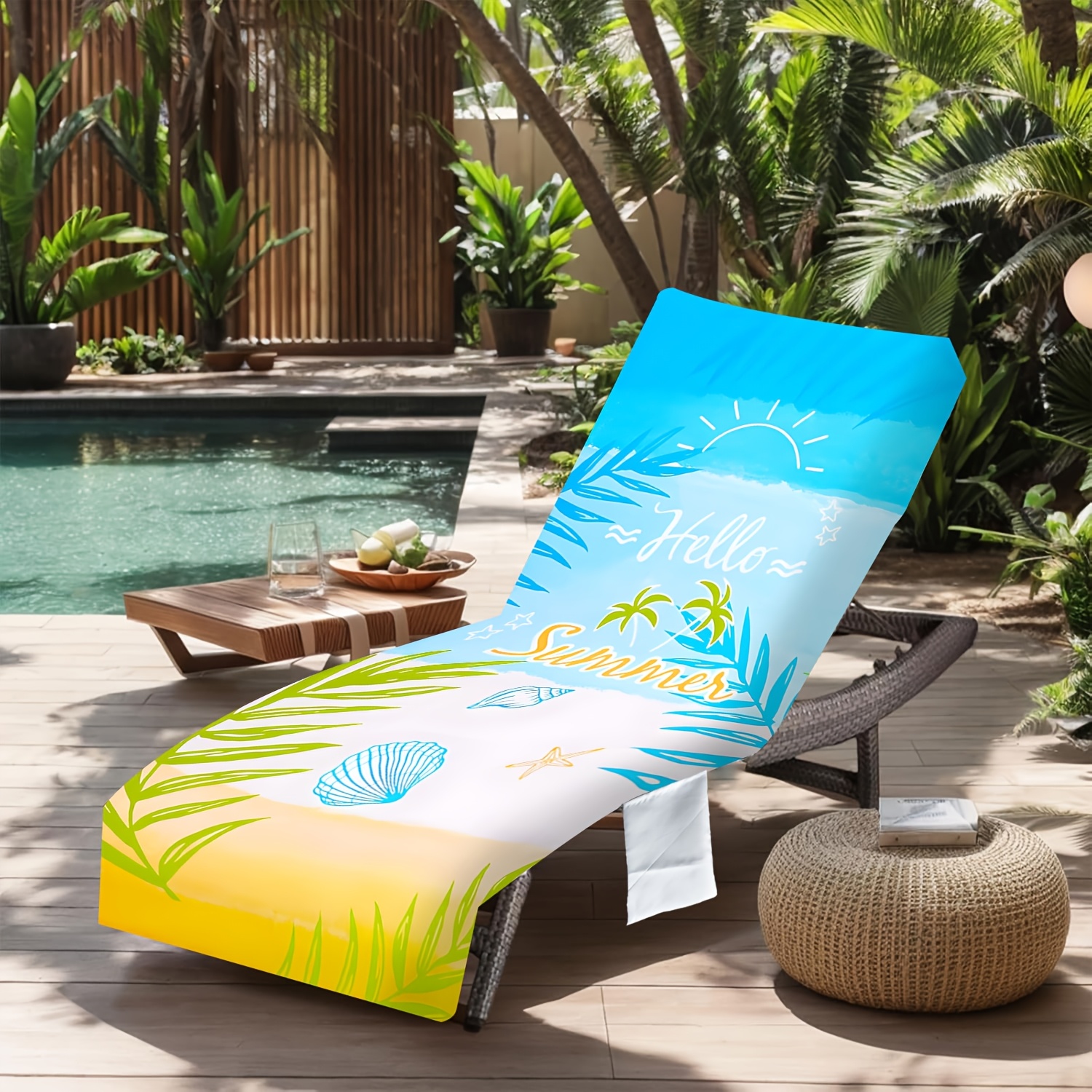 Image of 1pc Hello Outdoor Chaise Lounge Slipcover - Quick-dry Soft Absorbent Suitable For Pool, Beach Chair Cover With Pockets, Tie Closure & Locking Hem, Cover For Patio, Camping, Garden Furniture