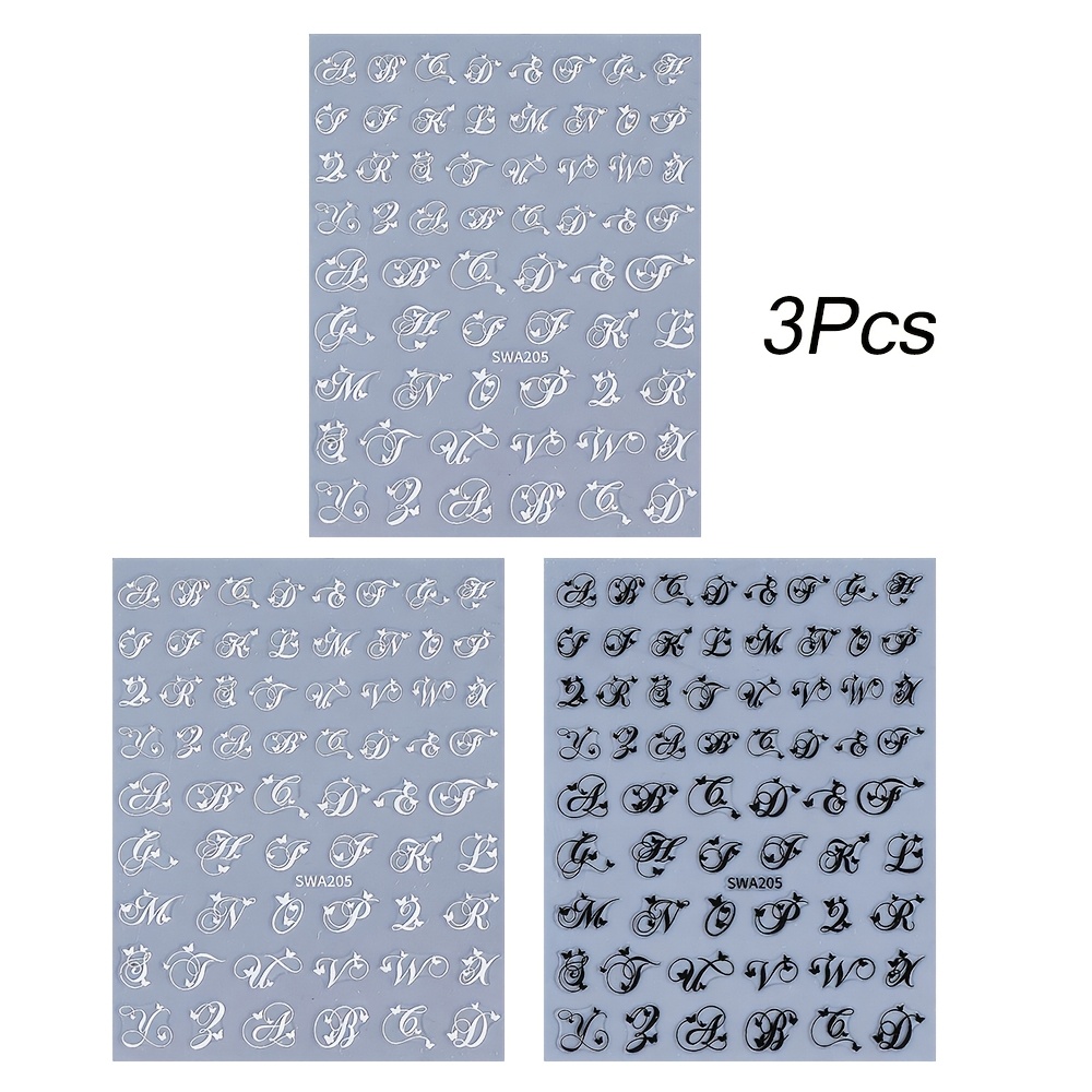 3pcs Black White English Letter 3d Nail Art Stickers Alphabet With Heart Poem Nail Decals Diy Nail Art Decorations For Manicure