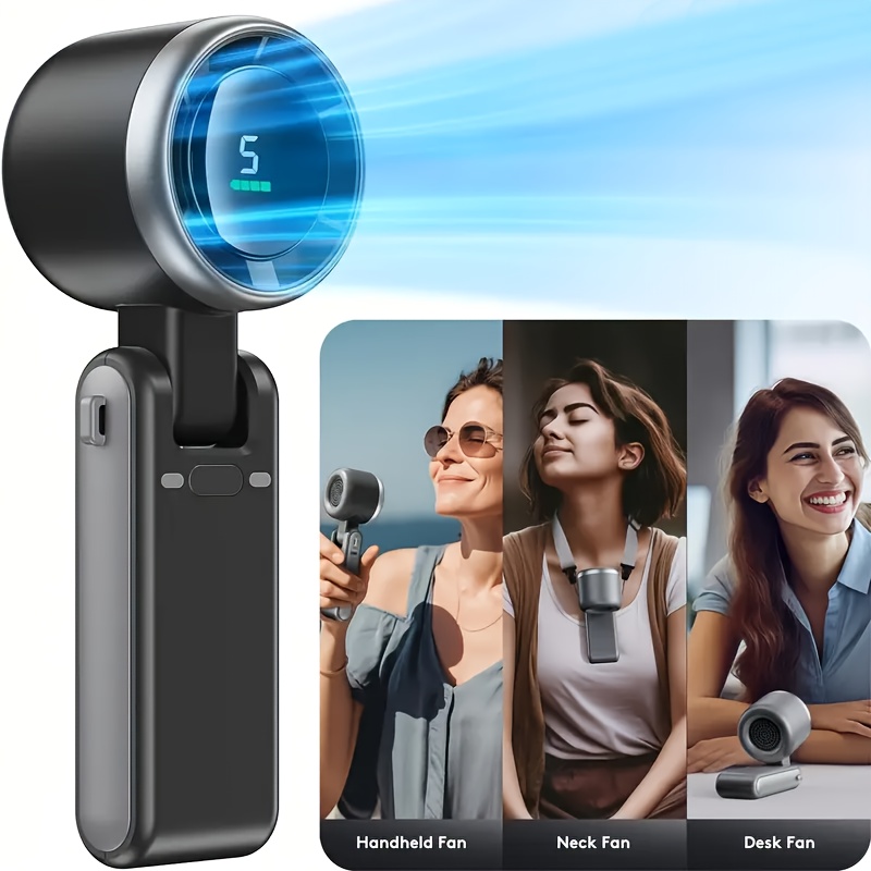 Portable Folding Fan, Mini Turbo Power USB Rechargeable Personal Fan with 5 Speeds and Digital Display, Suitable for Men and Women Outdoor Travel Camping Neck Hanging