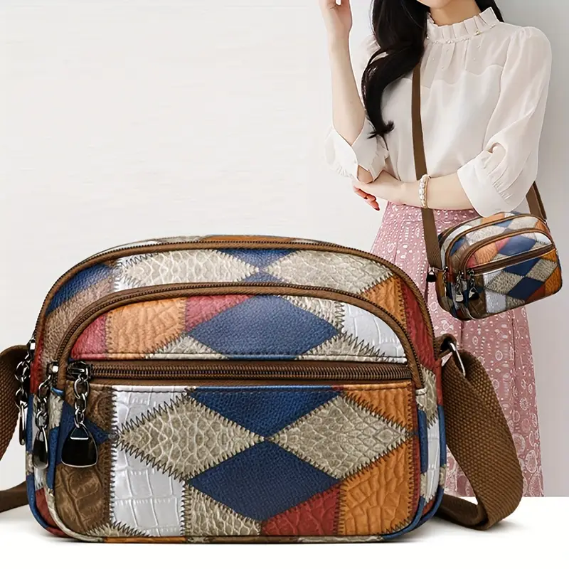 versatile shoulder bag with multiple pockets geometric decorations wide shoulder strap crossbody bag and handbag suitable for daily commute work travel and various functions details 1