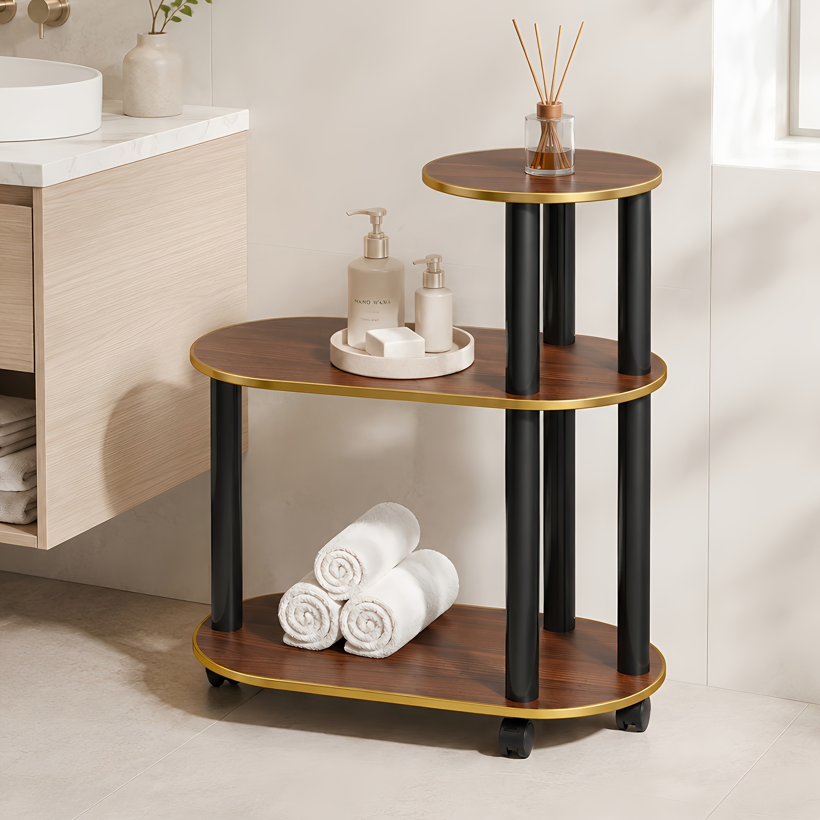 Image of Tiered Storage Bathroom Trays, Space-saving Design Side Table, Storage Coffee Table, Flexible Moving Design Movable Storage Cart For Bathroom Bedroom Home, Bathroom Trays