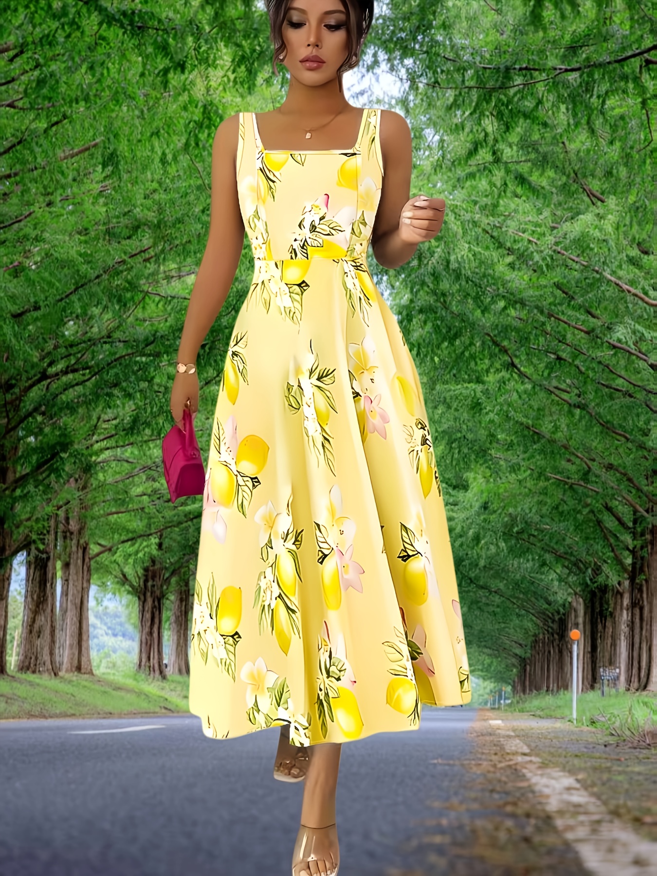 elegantes damenkleid mit blumenmuster, schräger schnitt, ärmellos, eckiger ausschnitt, a-linie, lang, bequem, elegant, temperamentvoll,   für urlaubsreisen, partys und den  
