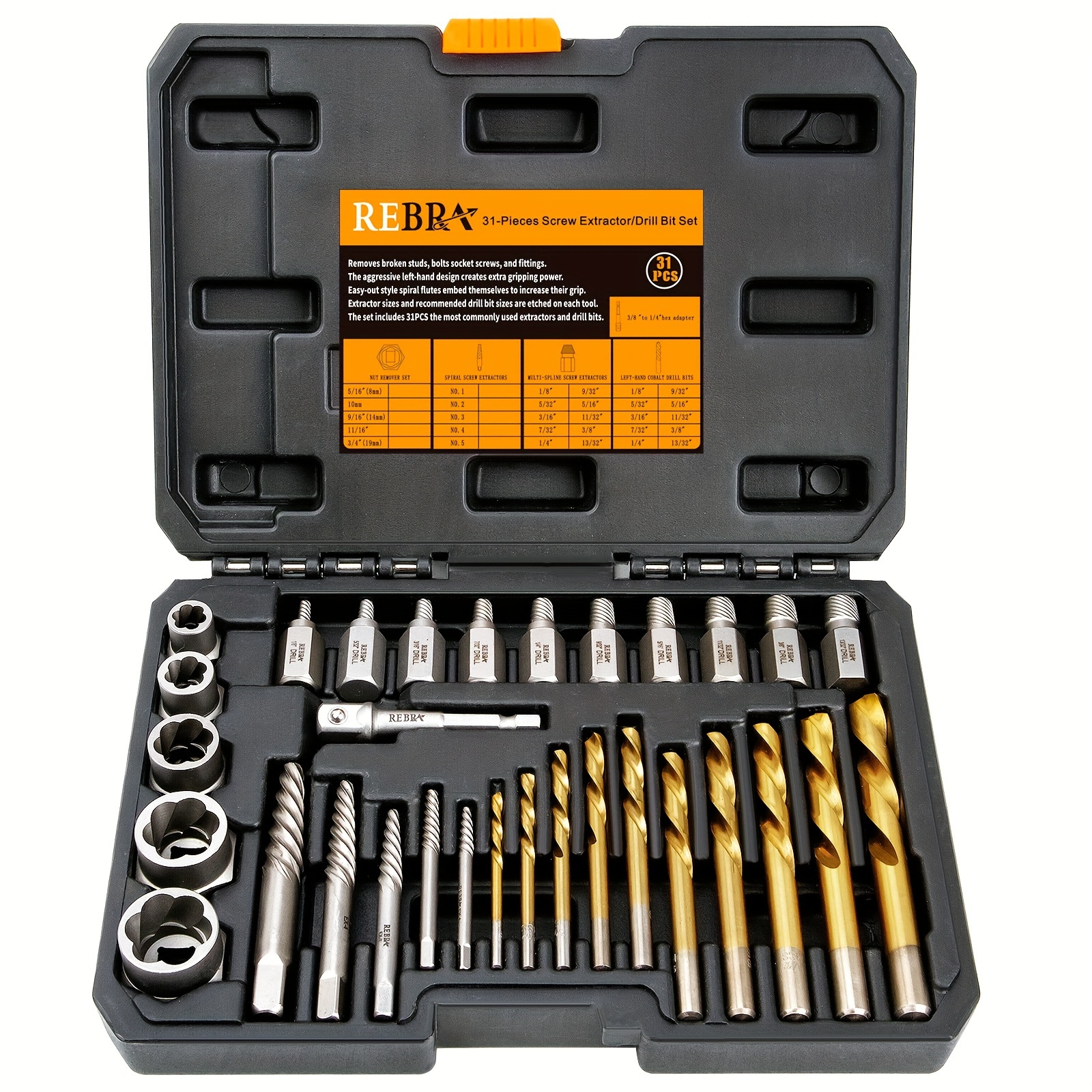 

Rebra Screw&bolt Extractor Set And Left-hand Drill Bit Set, With Hex Adapter, Stripped Screw Remover Socket Set Tool For Stripped, Damaged, Rounded-off, Rusted Bolts, Nuts&screws 31pcs