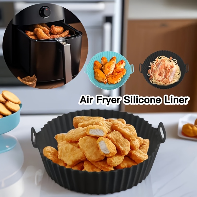 1pc easy clean silicone air fryer basket liner reusable non stick   for 3qt 5  fryers heat resistant up to 240   for baking cooking   in blue black ideal for holiday parties kitchen use portable folding non   mode silicone thick   details 15