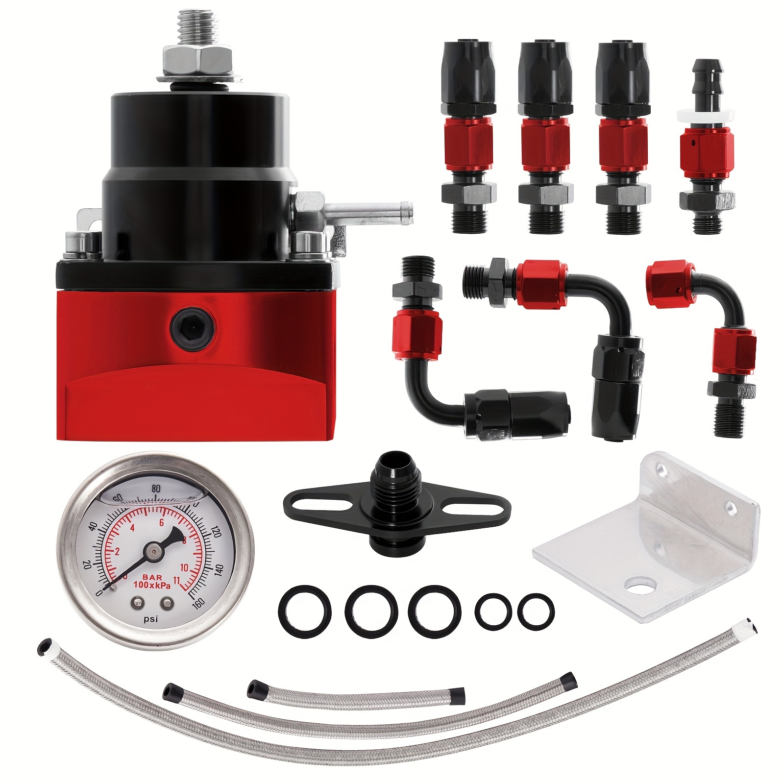 TEMU Universal Adjustable Fuel Pressure Regulator Kit 0-100psi Guage An6 Fitting Black+red