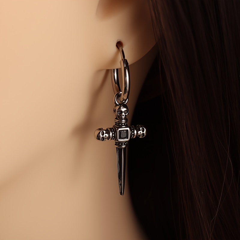 

Vintage & Elegant Skull Sword Dangle Earrings With Zirconia Unisex Copper Gothic Hip Hop Jewelry For Riding And Party - 2pcs