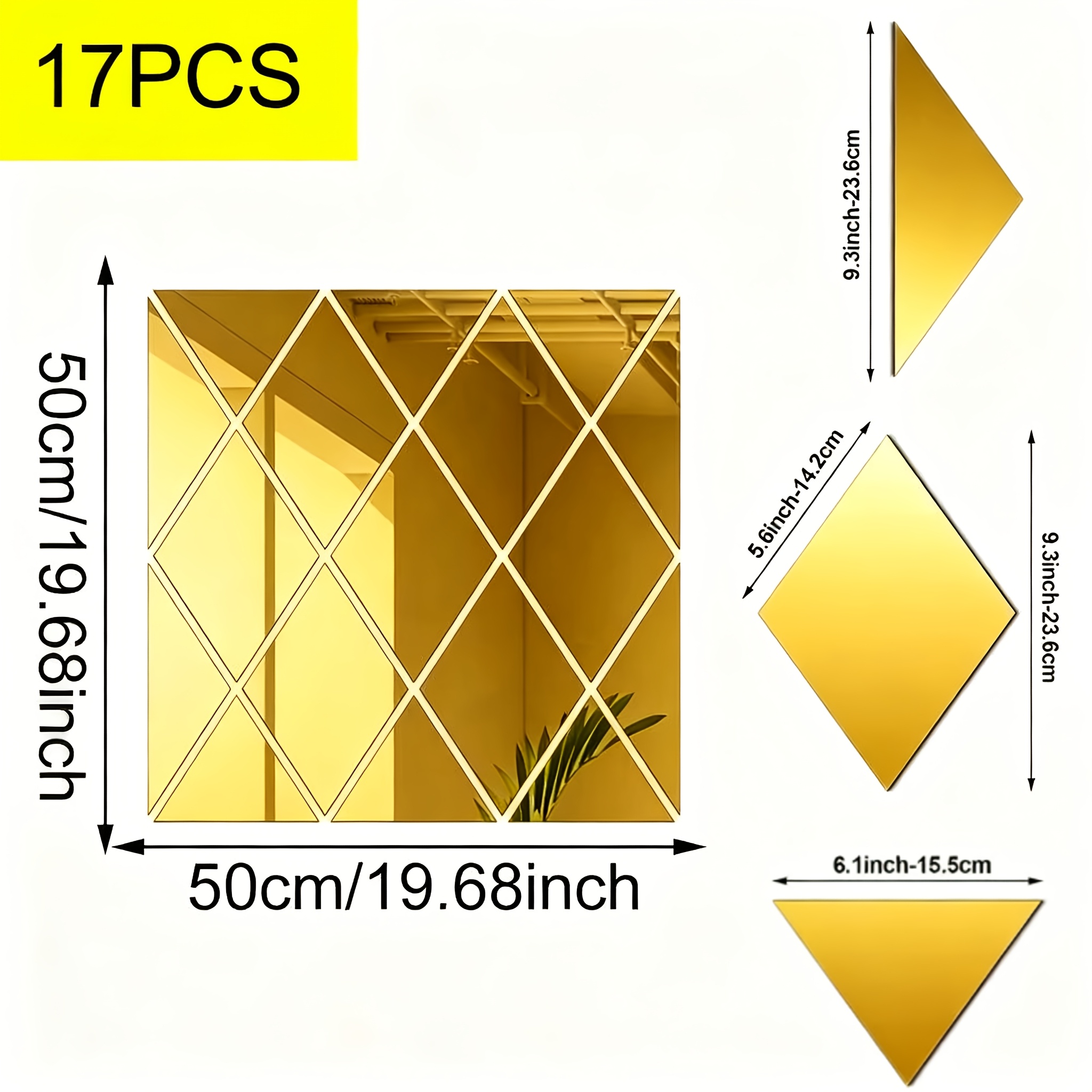 Image of 17pcs Of Golden 3d Acrylic Mirror Wall Stickers, Diamond-shaped Self-adhesive Wall Decorations, Suitable For Home And Office Decor On Living Room And Bedroom Accent Walls