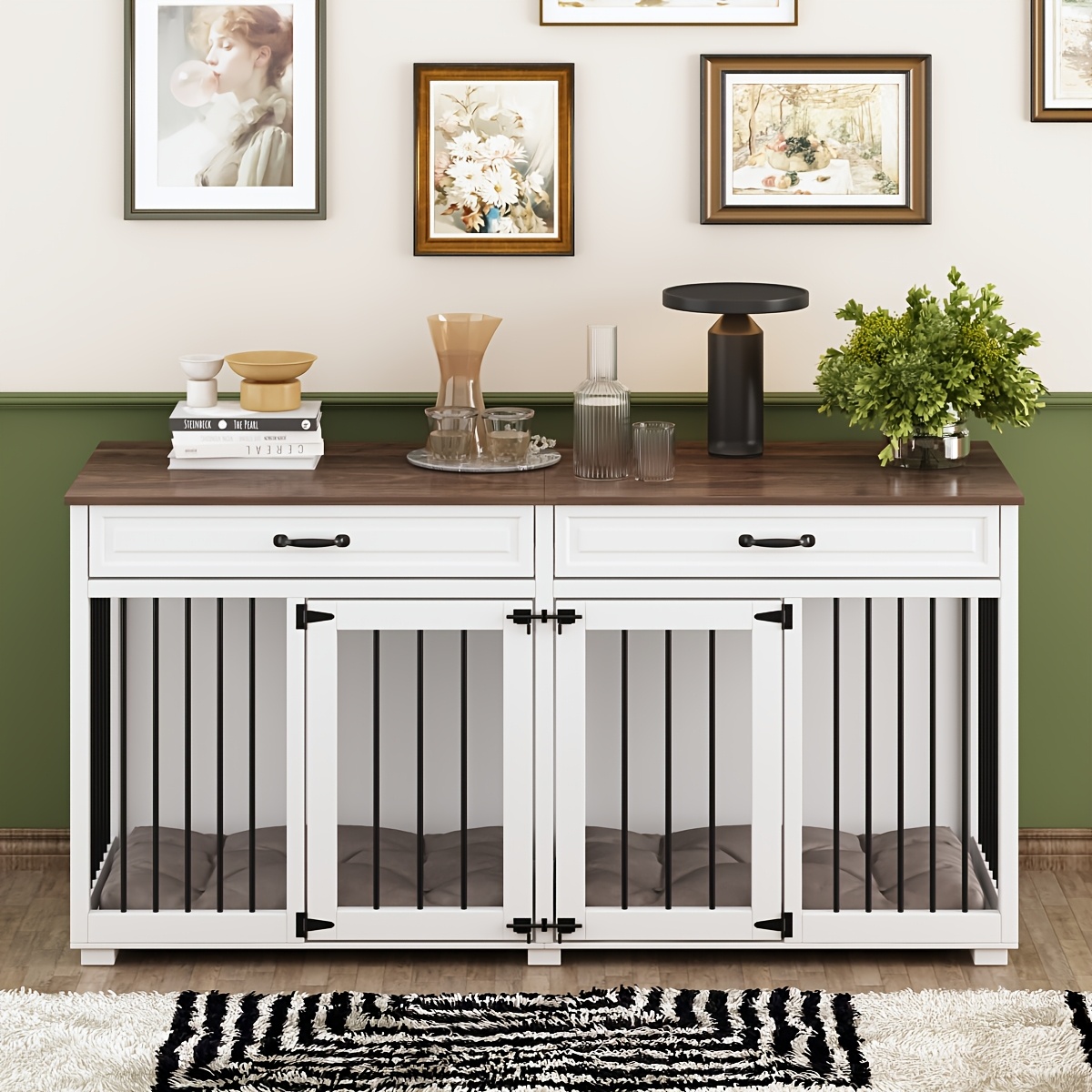 A Wooden Heavy Indoor Furniture-style Dog House With 2 Drawers, Black Handles And Rails, White (23.2' W .6' D X 31.9' H)
