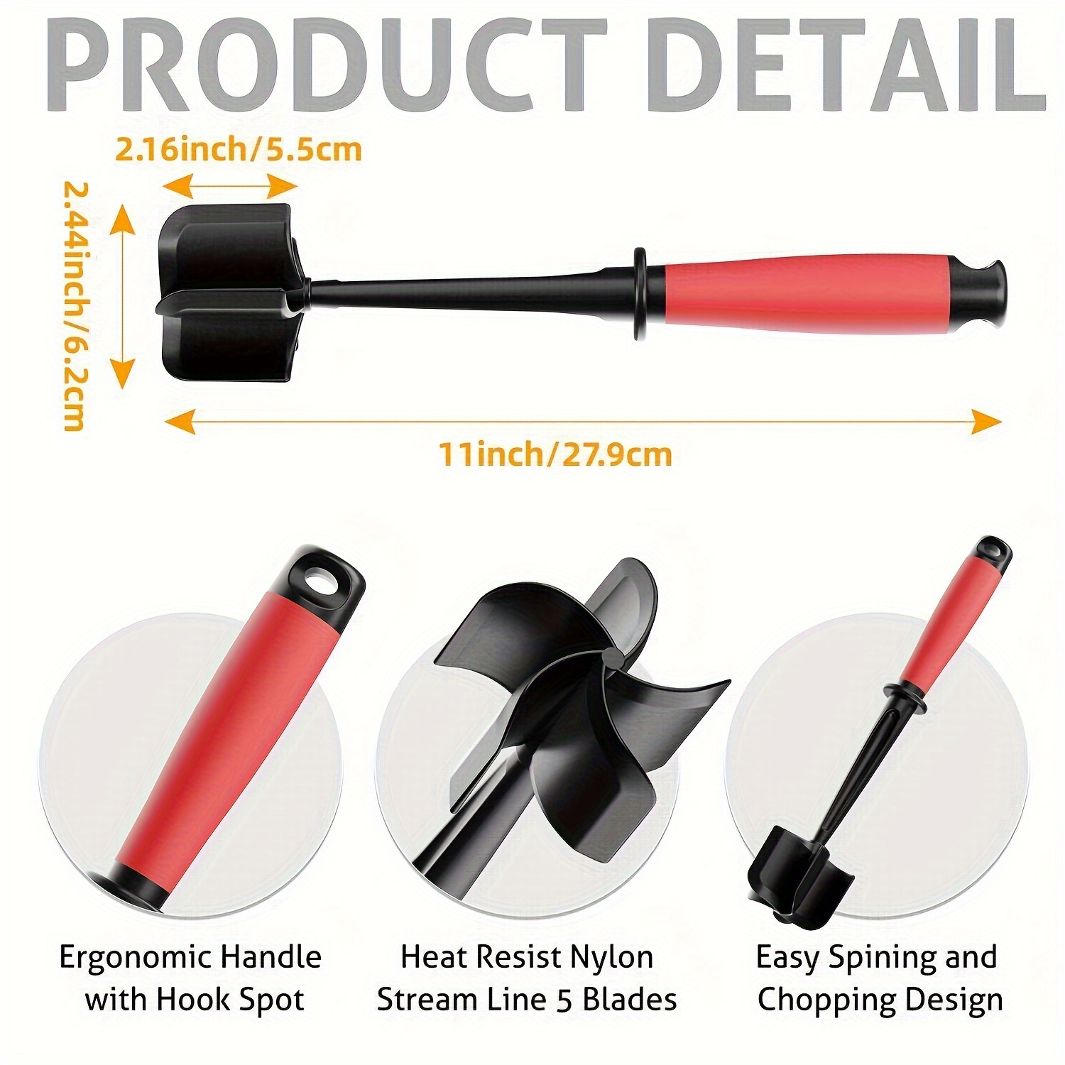 ABERZEY Heavy-Duty Meat Chopper & Masher with Non-Stick Surface - Manual Heavy Duty Ground Beef Smasher, 5 Curved Blades, Heat-Resistant, Non-Slip Grip - for Hamburgers, Meat Patties, Hash Browns - Easy Clean Kitchen Tool, Food Preparation, Ergonomic Handle, Sturdy Build, Home Cooks