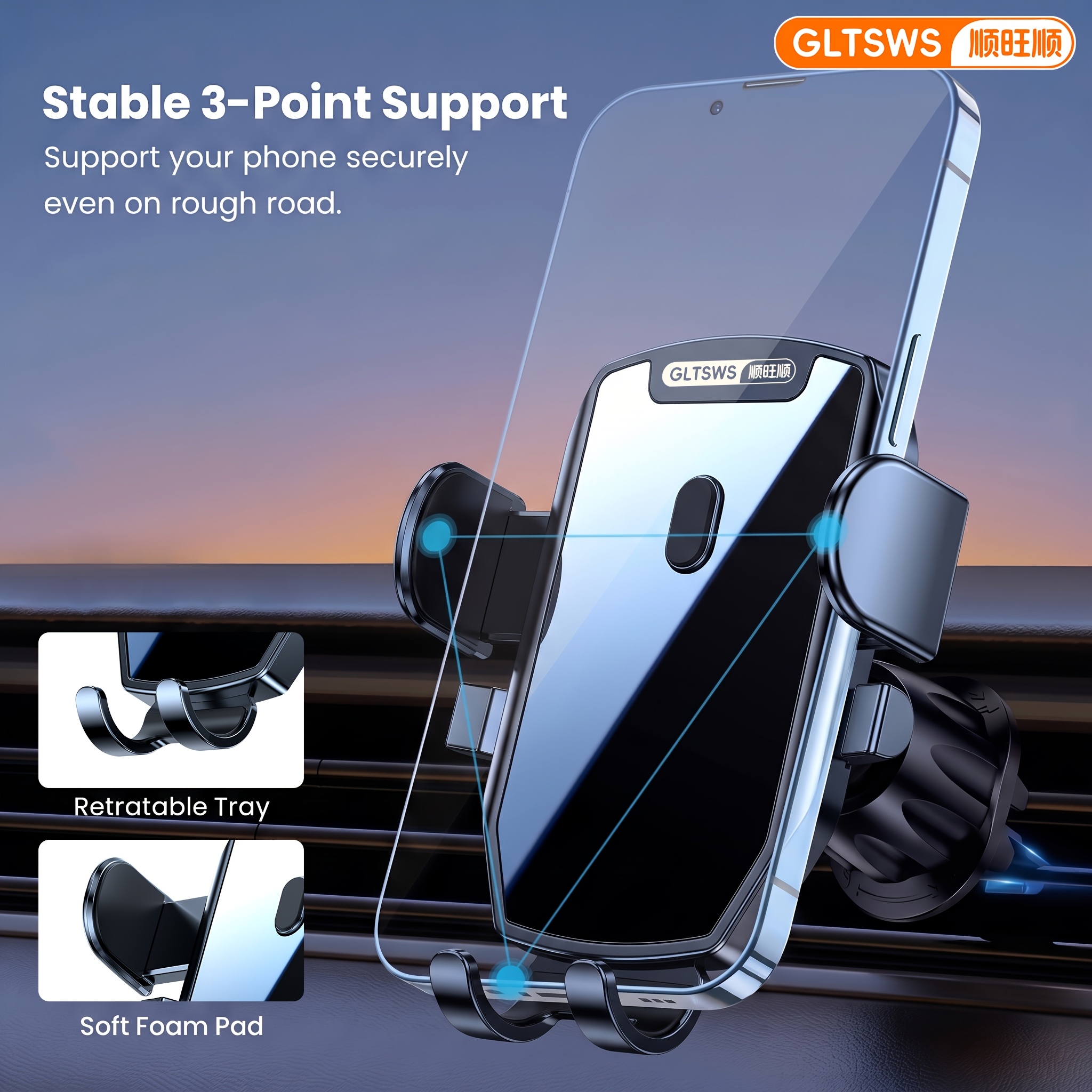 TEMU Support Téléphone Voiture Grille d'Aération, Support Téléphone Voiture Stable avec Plateau Rétractable, Difficile à Baisser sur Accidentées