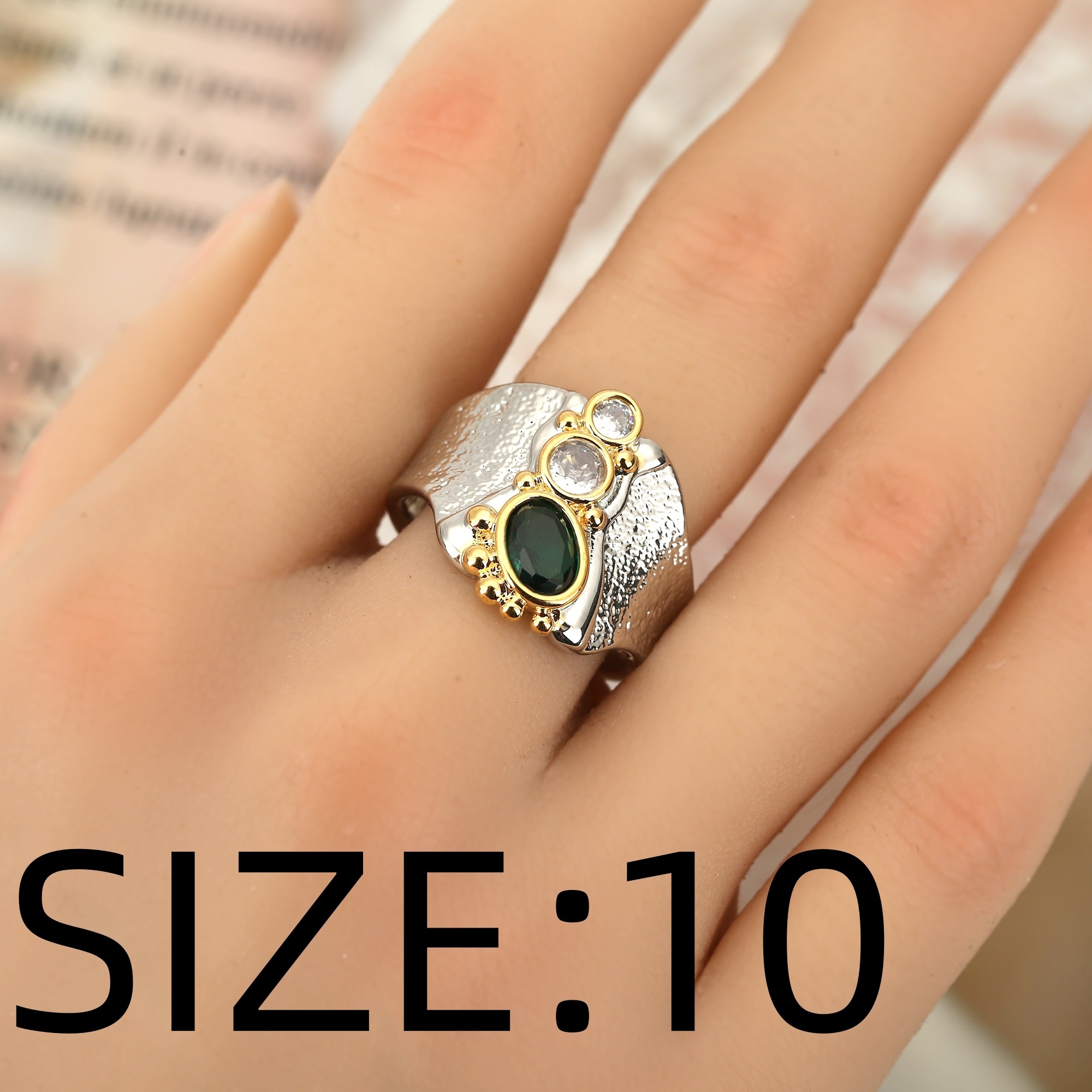 Image of 1pc, European And - Copper Inlaid With Green Zirconia, [ Ring] - Hand- Large Zirconia Ring - Unisex Fashion Ring, Suitable For Holiday Parties, Dance Parties, Christmas, Thanksgiving, Daily Wear