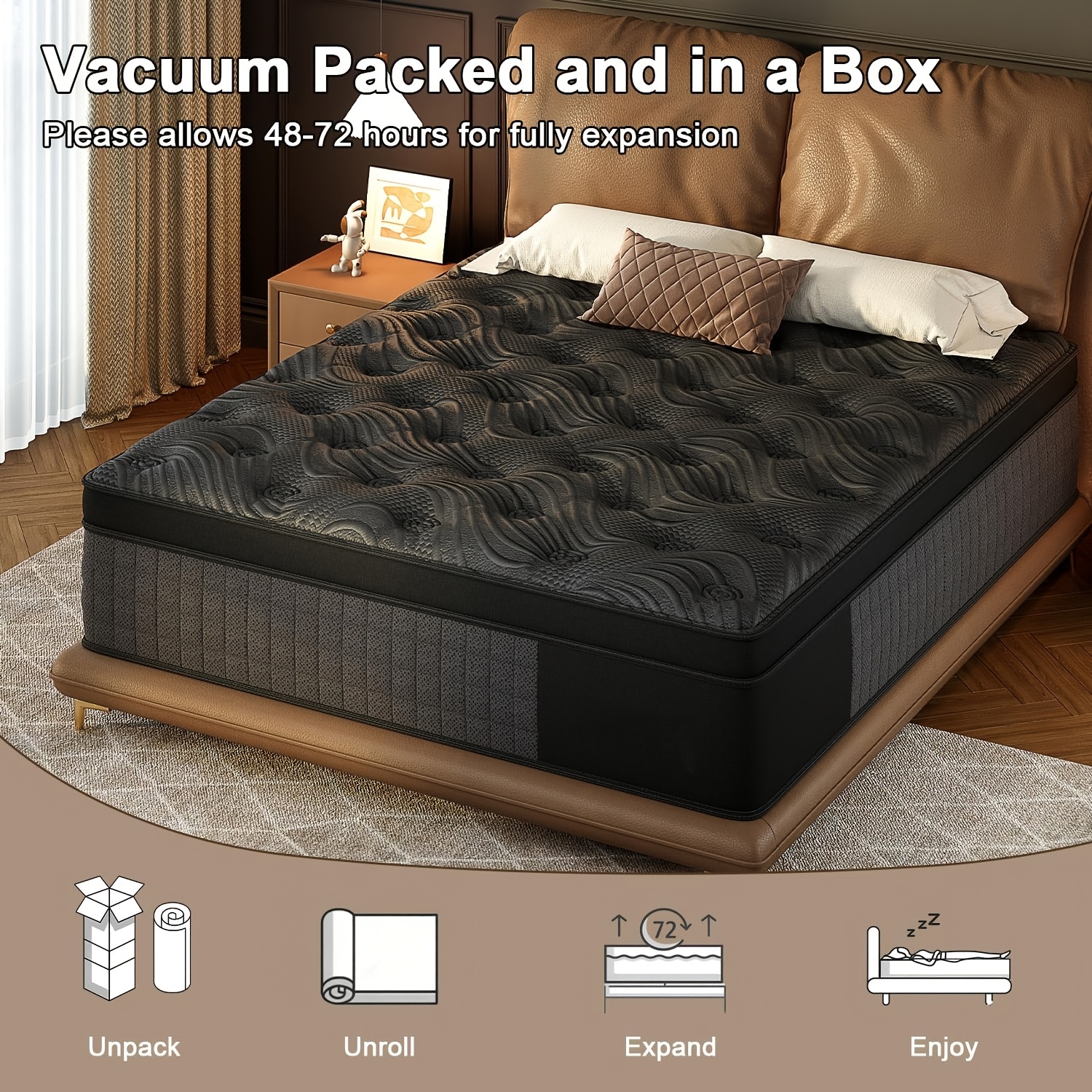 8 Inch/10 Inch/12 Inch/14 Inch Black Grey Mattress Twin, Full, Queen, King. Cooling Breathable Fabric Wicks Heat. Memory Foam Molds to Your Body Curves. Independent Pocket Springs Stop Motion Your Partner Never Feels You Get Up At Night