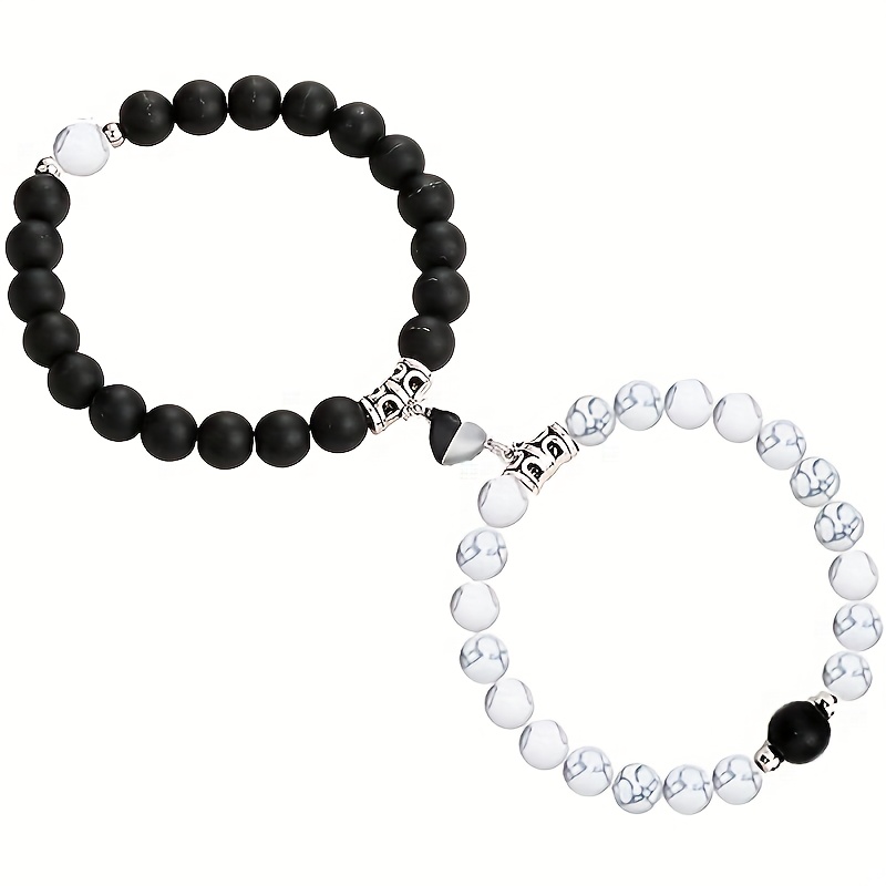 Image of 2pcs Black And White Natural Stone Beaded Bracelet Couple Heart-shaped Magnetic Matching Beads Bracelet Friendship Jewelry Festival Wear