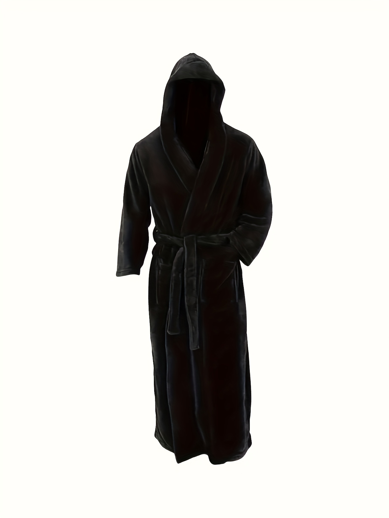 Men's Long Black Fleece Bathrobe with Double Hood - Soft, Breathable, Adjustable Belt, Solid Color, Ideal for Autumn/Winter Comfort