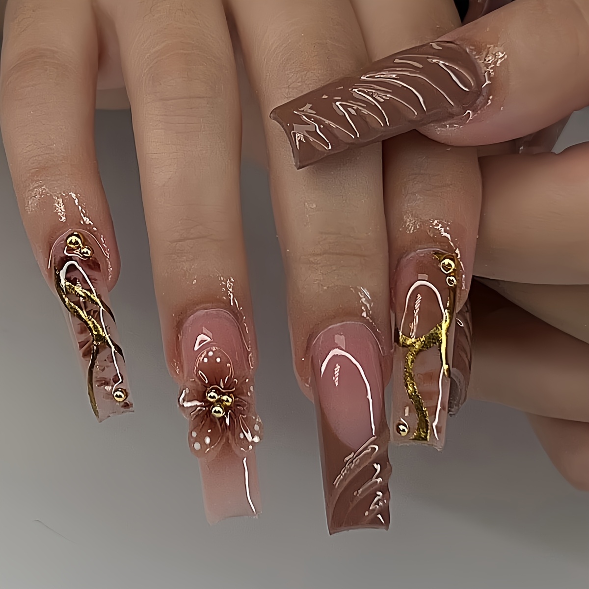 

24pcs Elegant Nude -on Nails Set With 3d Floral Print And Golden Embossed Designs - , Square Long Style, Includes Jelly Glue & Nail File - Ideal For , Cute Nails