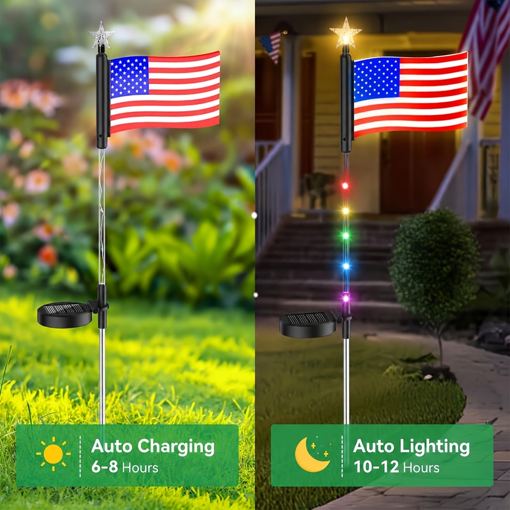 TEMU 2/4/6/8 Pack American Flag Solar Lights Outdoor, Decoration Flag Lights With 2 , Solar Flag Patriotic Lights For Yard, Garden, Pathway, Day,