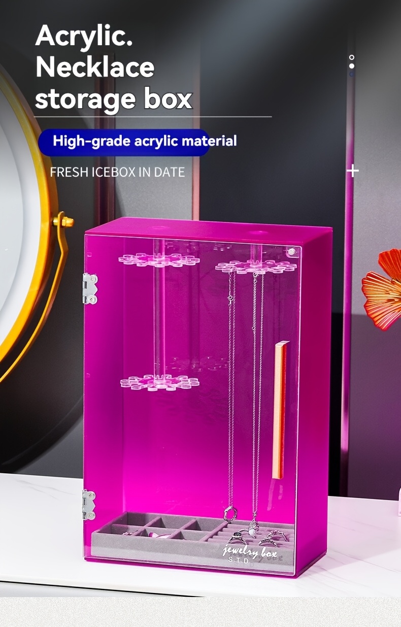 acrylic jewelry organizer box with magnetic closure rotating display for necklaces bracelets earrings rings polished desktop storage box with fabric interior multi hook design for organized access jewelry box jewelry organizer storage decorative fabric interior hanging jewelry organizers Product details 0