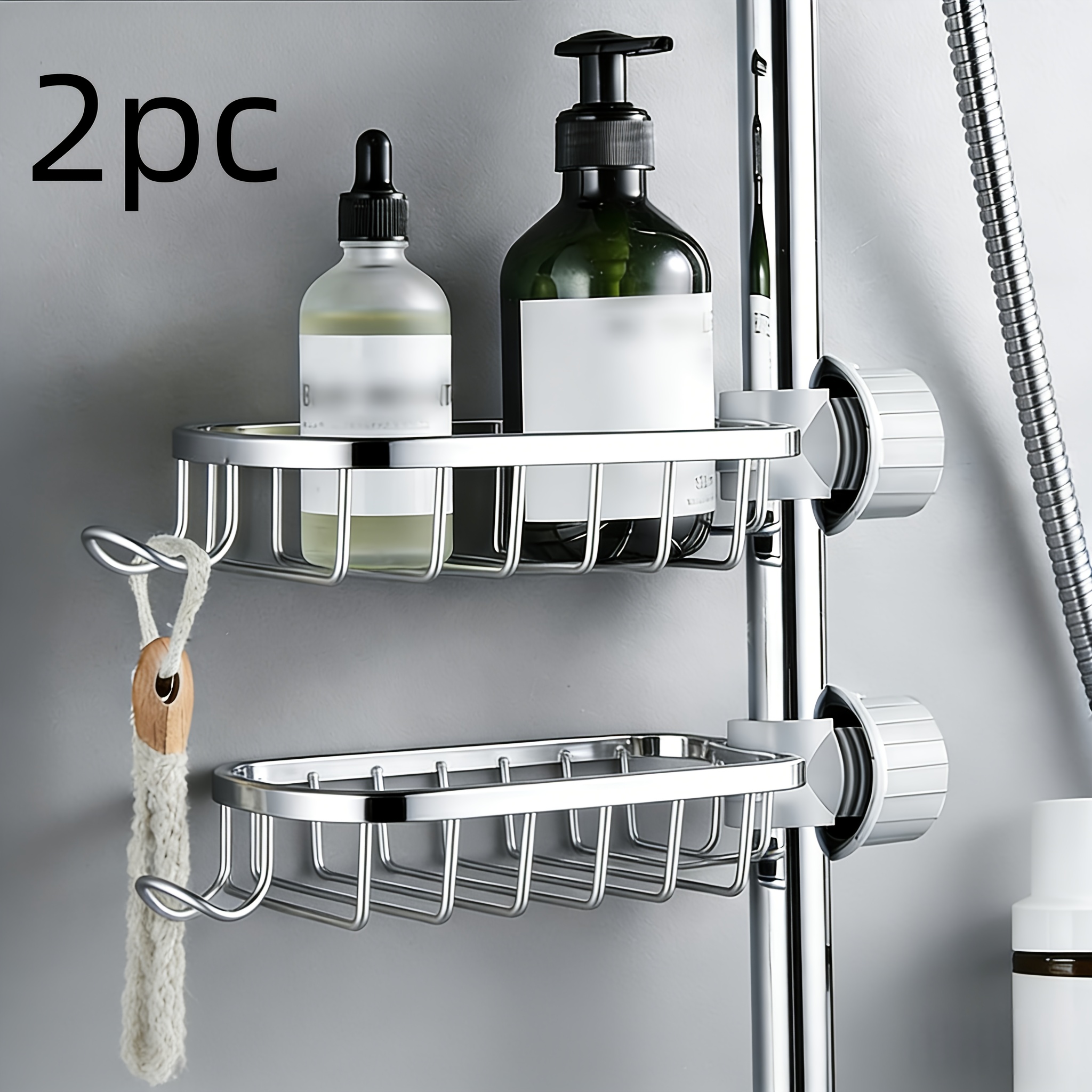 Image of A Set Of 2 Multifunctional Shower Storage Racks, Made Of , Designed For Bathroom Organization. Come With Hanging Ropes, Are , Lightweight, And No Electricity, Making Them Ideal For Space In
