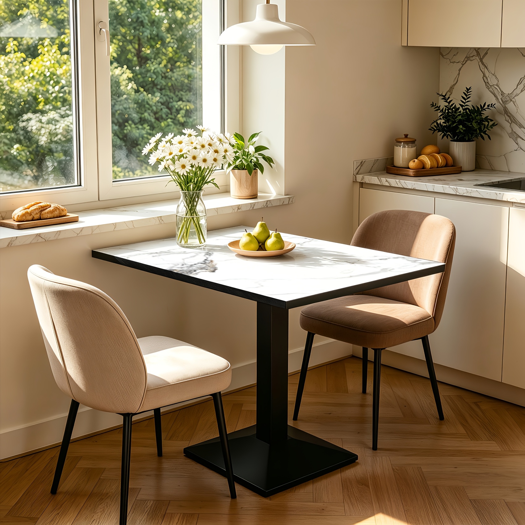 Modern Dining Table, & Sturdy Metal Base, Scratch & Heat Resistant Sintered Stone Surface, Easy Assembly, Dining Room - Small Apartment Kitchen Cafe, 76x60x78cm