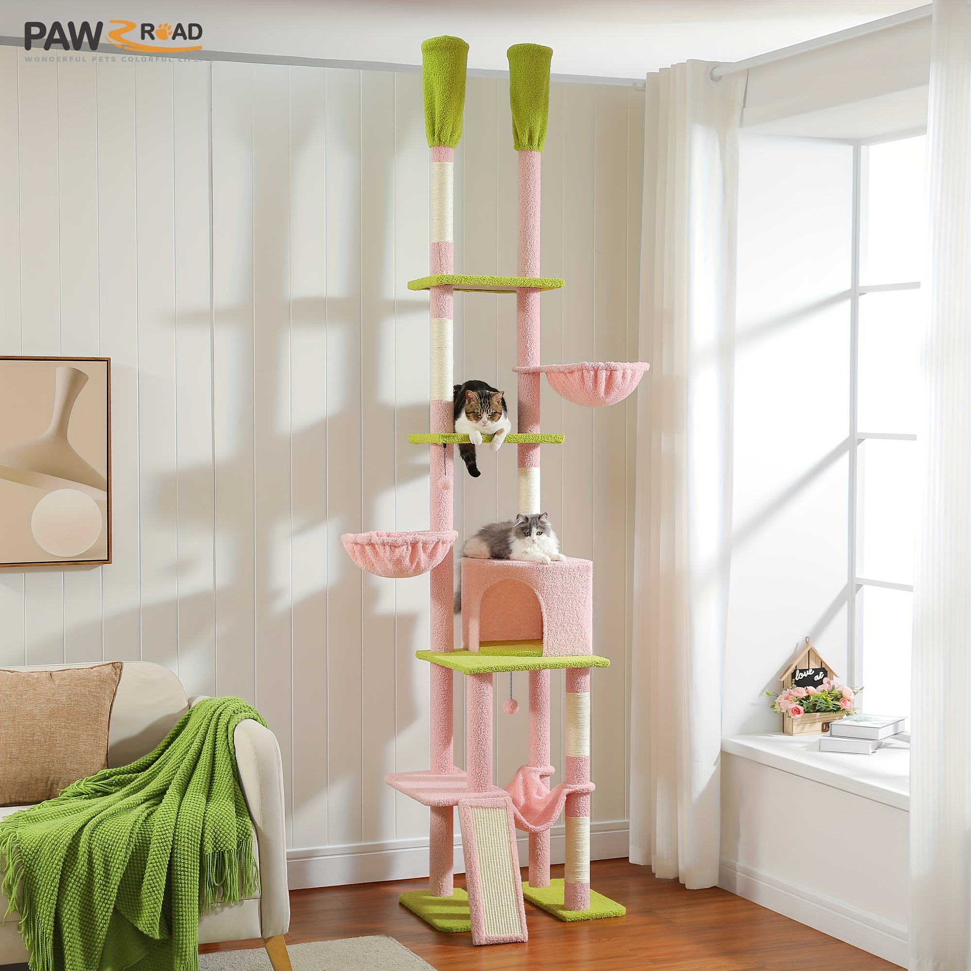 

Floor To Ceiling Cat Tree For Indoor Cats, Cat Tower With Adjustable Height (85-112 Inches), 7 Tiers Climbing Activity Center With Cozy Hammocks, 5 Platforms And Scratching Posts For Cats, Green, Pink