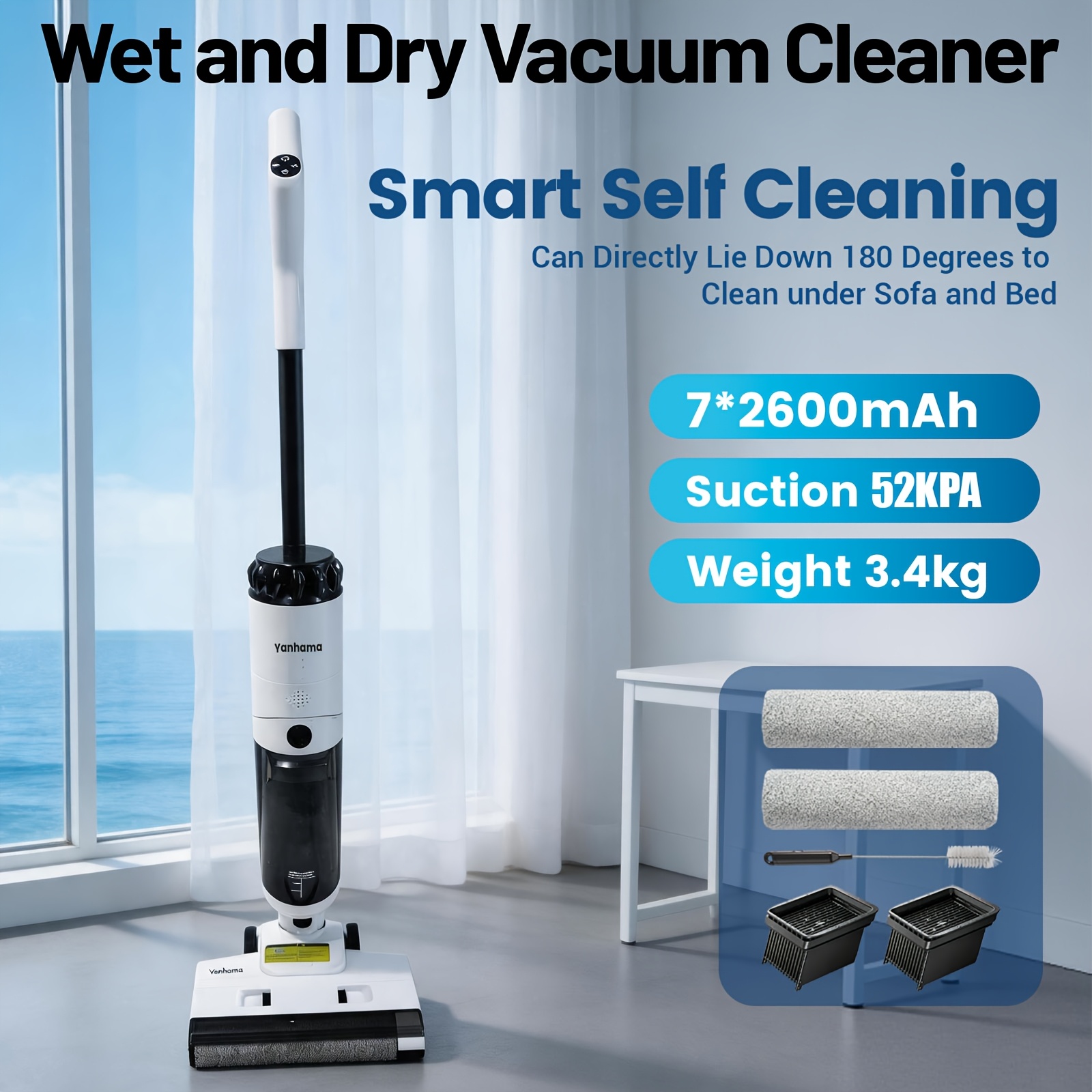 Wet Dry Vacuum Cleaner, 52kpa Strong Suction Cordless Floor Scrubber, 3-in-1 Smart Mop For Hardwood/tile/carpet, With Self-cleaning And Dry Suction Mode 180° Design For Deep Cleaning