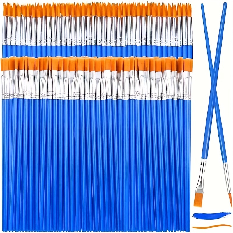 

100pcs Small Paint Brush Set With Flat & Round Pointed Tips - Wooden Handles, Blue & Orange - Ideal For Acrylic, Oil, Watercolor, Canvas & Face Painting In Classrooms & Crafts, Painting Art Supplies