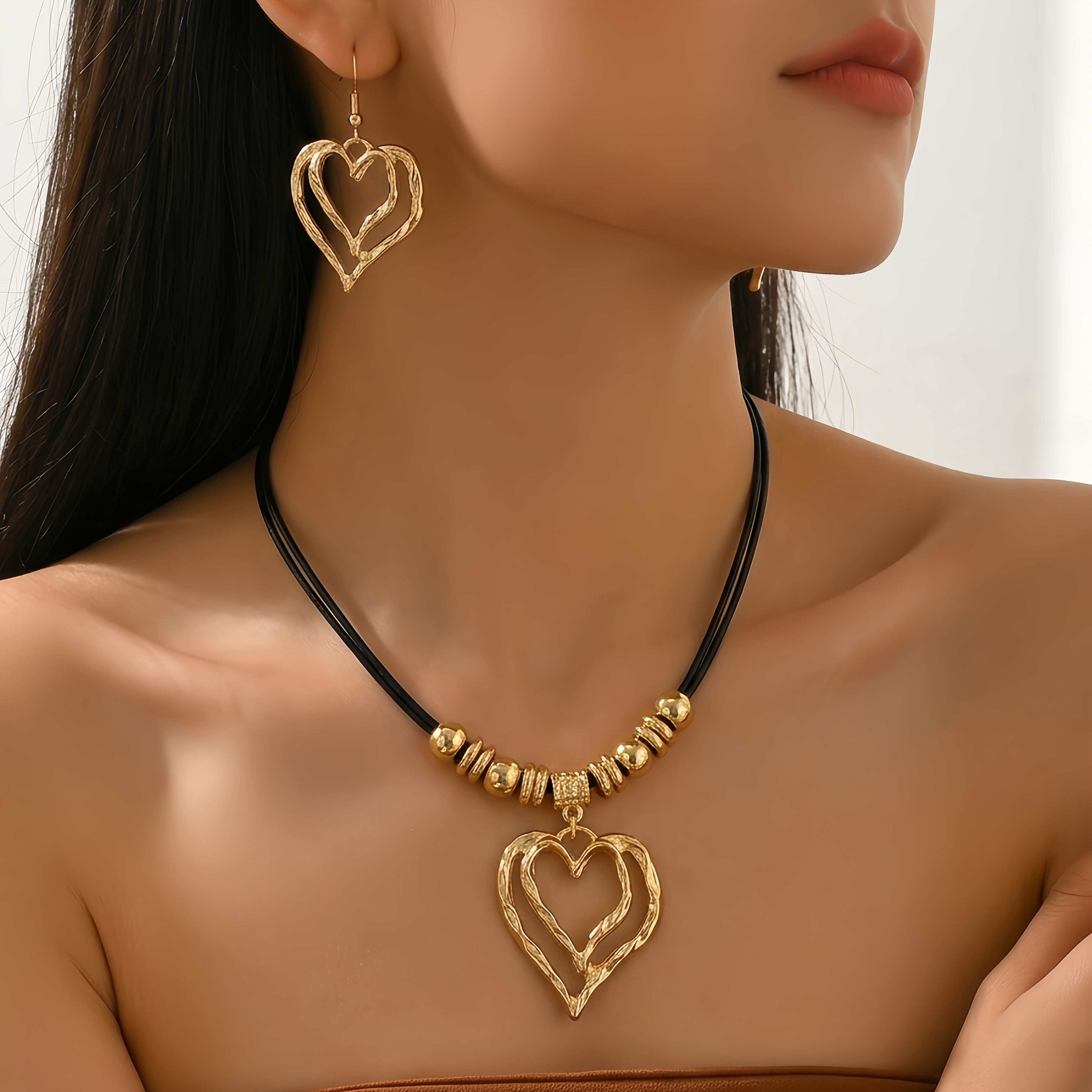 TEMU 2pcs Set Women's Jewelry Set, Spring/summer, Vintage , Double-layer Hollow-out , Black String Beaded Necklace, Niche Design, Light Luxury