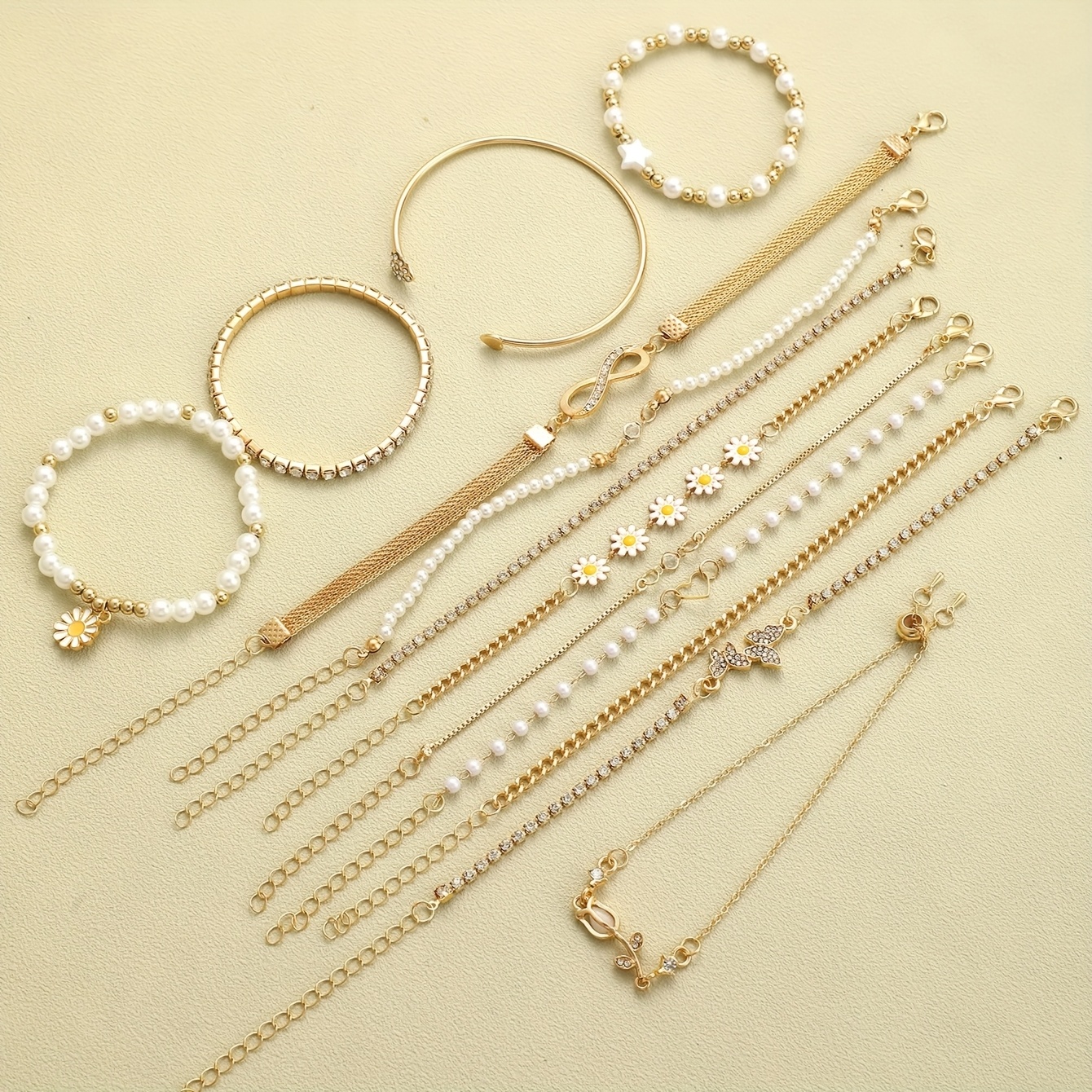 13pcs Multi-Layer Stackable Floral and Rhinestone Bracelet Set