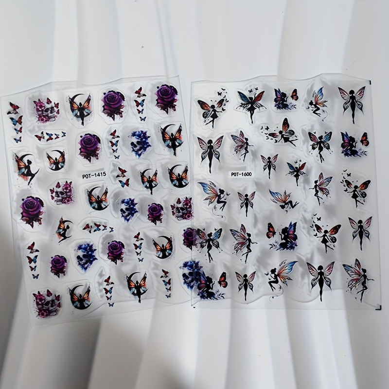 Image of 2 Pieces Of Embossed Fairy Nail Art Stickers, Featuring Adorable Fairies, Colorful Flowers, And Nail Slides, With A Cartoon Theme, Shiny Surface, Irregular Shapes