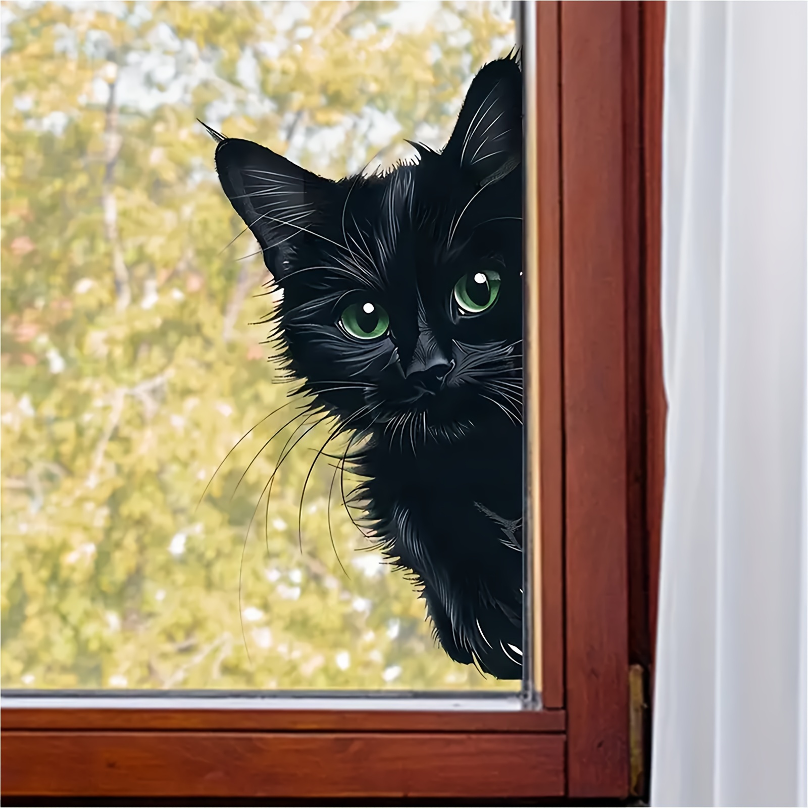 contemporary animal print window decal black cat peeking through glass self   reusable 30cm x 16cm suitable for windows cabinets and walls details 2