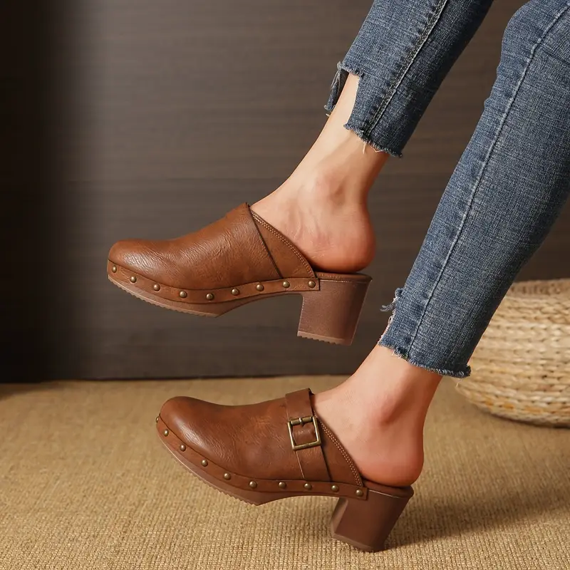 vintage style round toe mules for women with block heel studded water resistant clogs non washable pu tpr construction north america special from 4