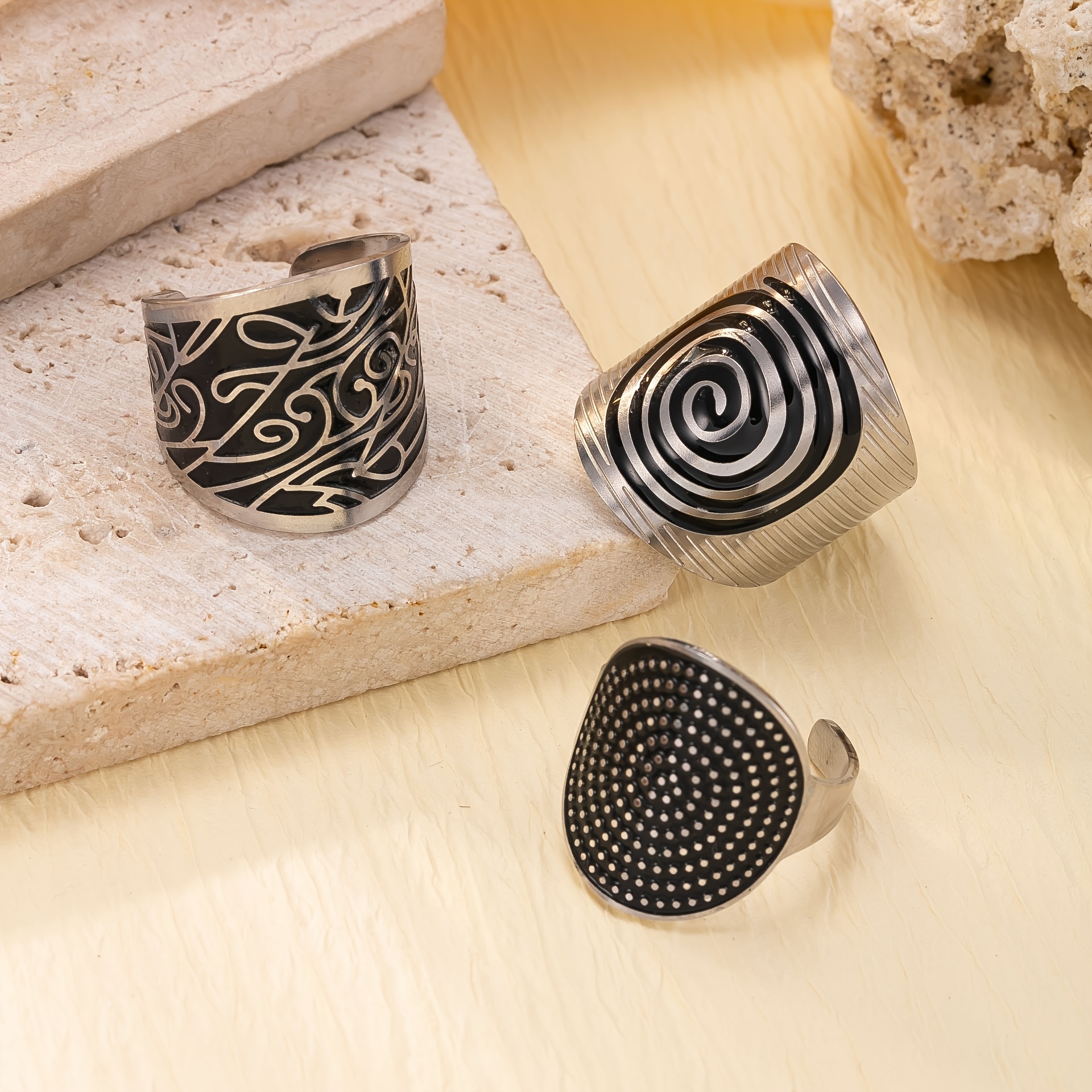 TEMU Ensemble de bijoux tendance en acier inoxydable, 3 pièces, style ligne noircie, design géométrique irrégulier