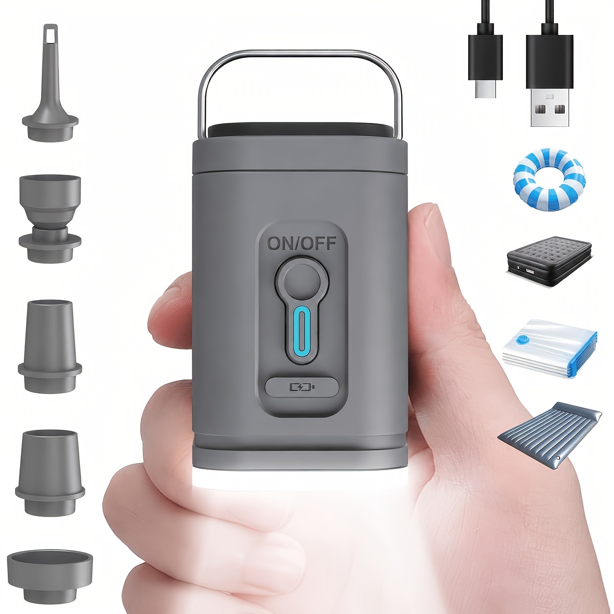 TEMU 2-in-1 Draagbare Elektrische Luchtpomp met Ingebouwde LED-Lamp - Oplaadbare Lithium Batterij Outdoor Kampeerspullen voor Inflatie, Tenten en