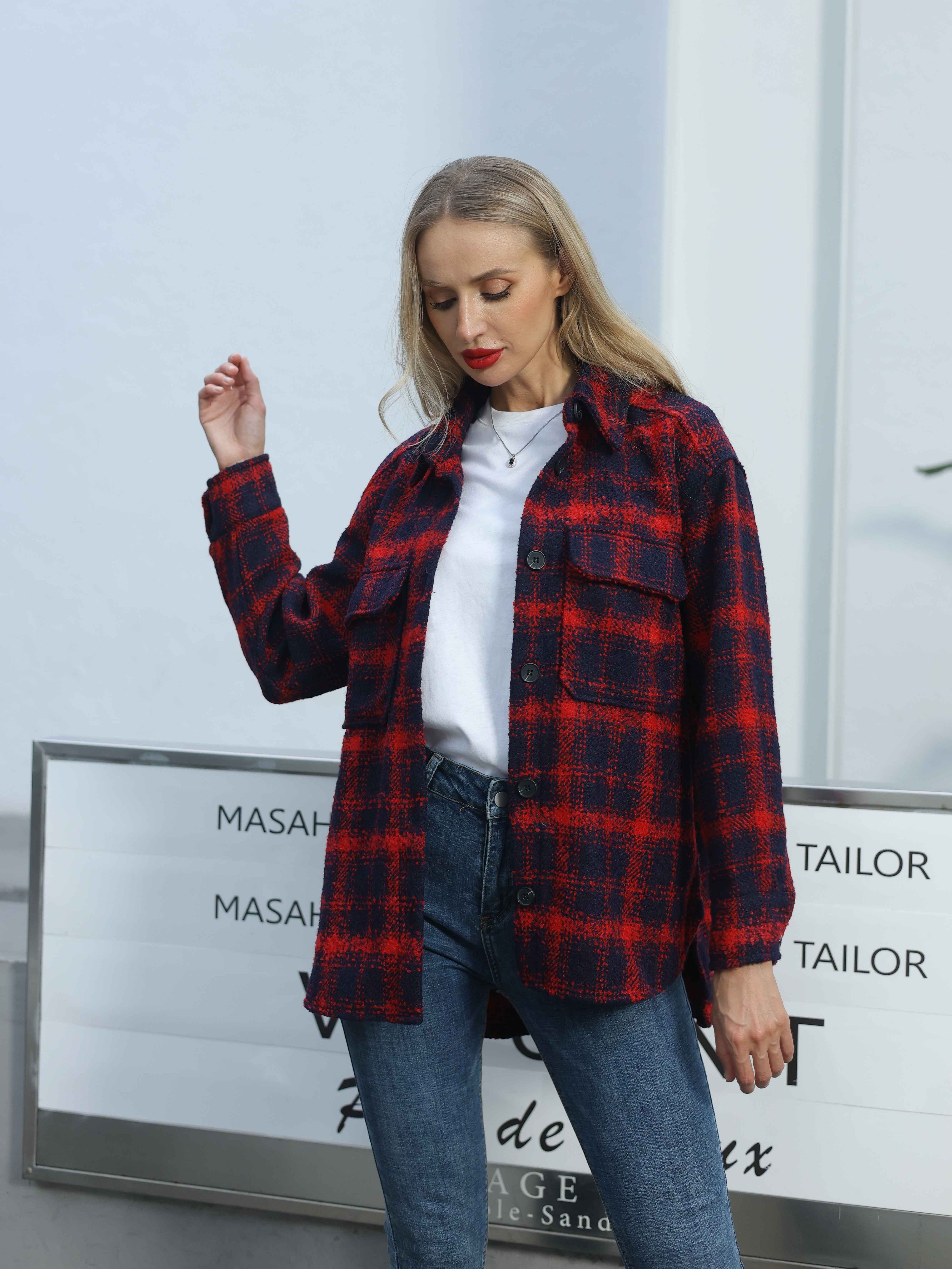 chaqueta franela cuadros mujer larga botones Temu