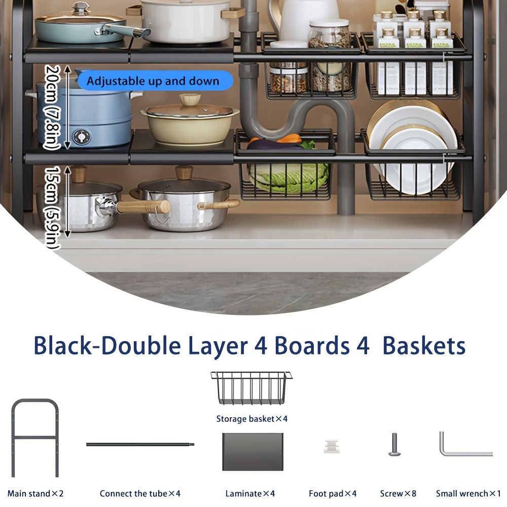 TEMU 1 Expandable Sink Storage Box And Storage Cabinet 2-tier Cabinet Shelf Storage Box With 5 Removable Panels 5 Baskets For Kitchen Under Sink Bathroom Storage