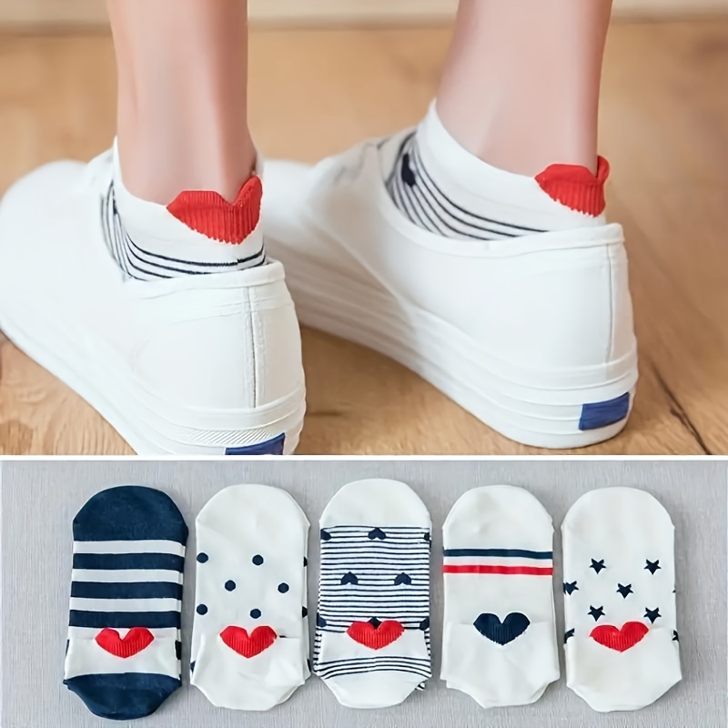 5 Pairs Of Trendy Sweet Boat Heel Heart Socks