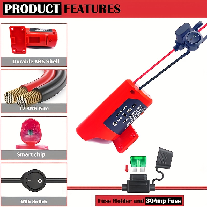 Battery Adapter Conversion Kit For Milwaukee M12 – With Switch, Fuse & 14AWG Terminals, For DIY RC Cars, Robotics & Custom Power Projects