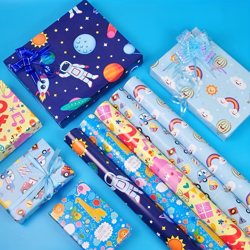 

4-piece Cartoon Birthday Wrapping Paper, 20x30 Inches - Cute Astronaut, Rainbow Clouds, Balloons & Giraffe Designs